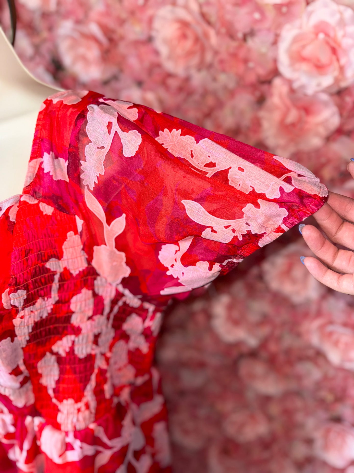 Torrid (2) Red//Pink Floral Sheer Lace Up Maxi Dress