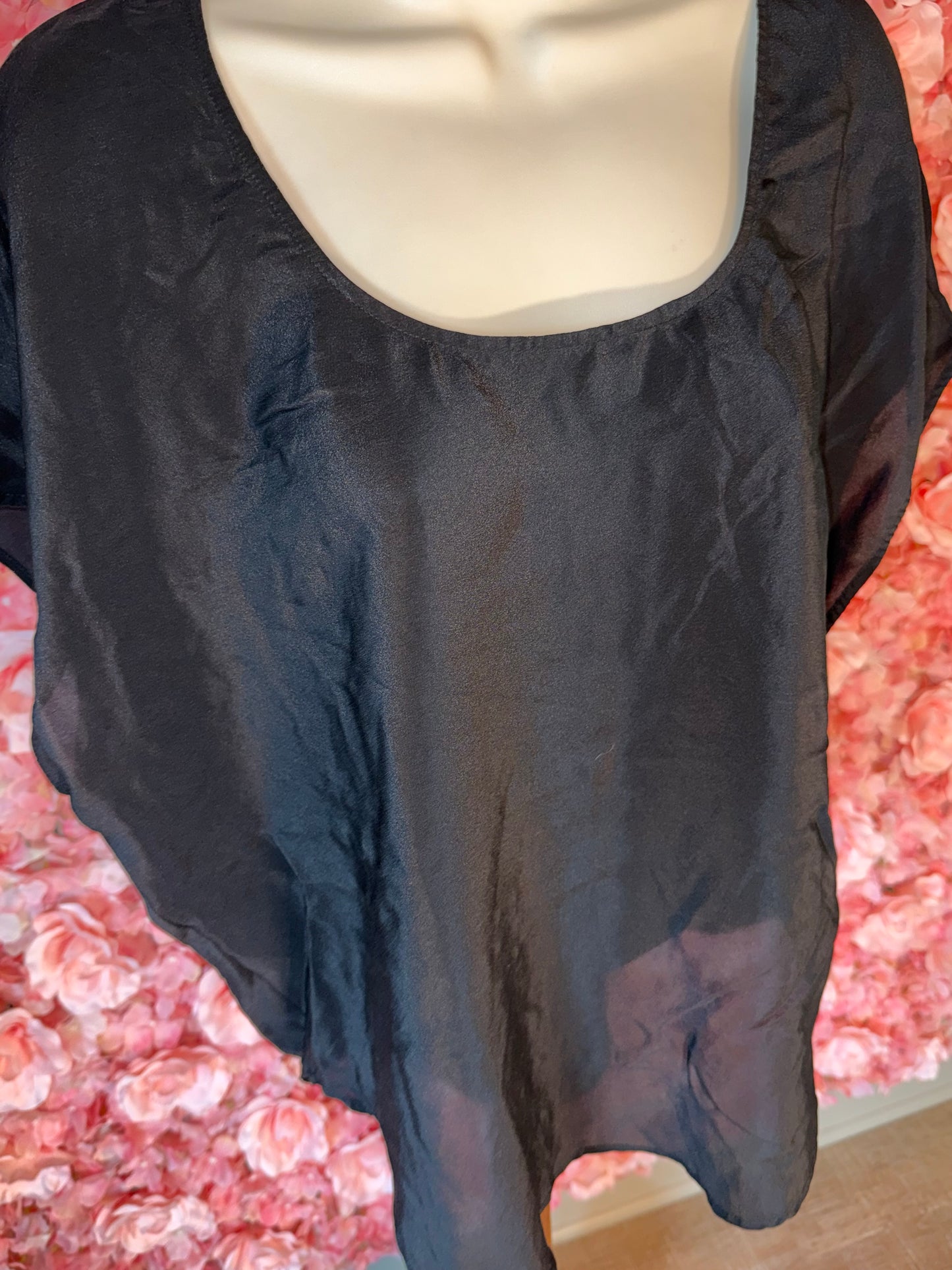 Victoria's Secret (Medium) Black Silk Short Sleeve Top with Scoop Neck