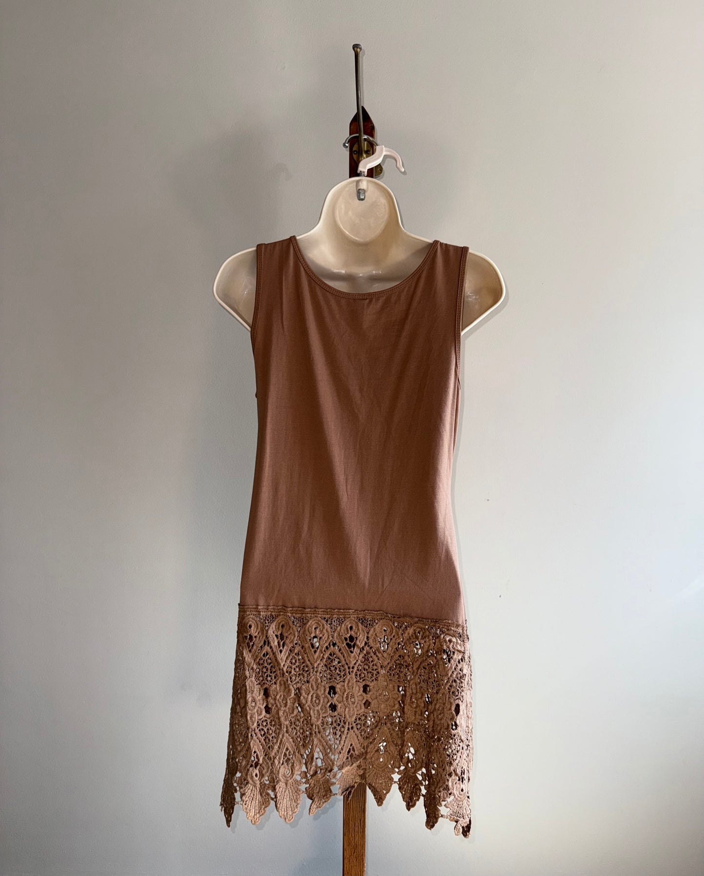 Pretty Angel (S/M) Long Brown Tank with Bottom Embroidered Hem