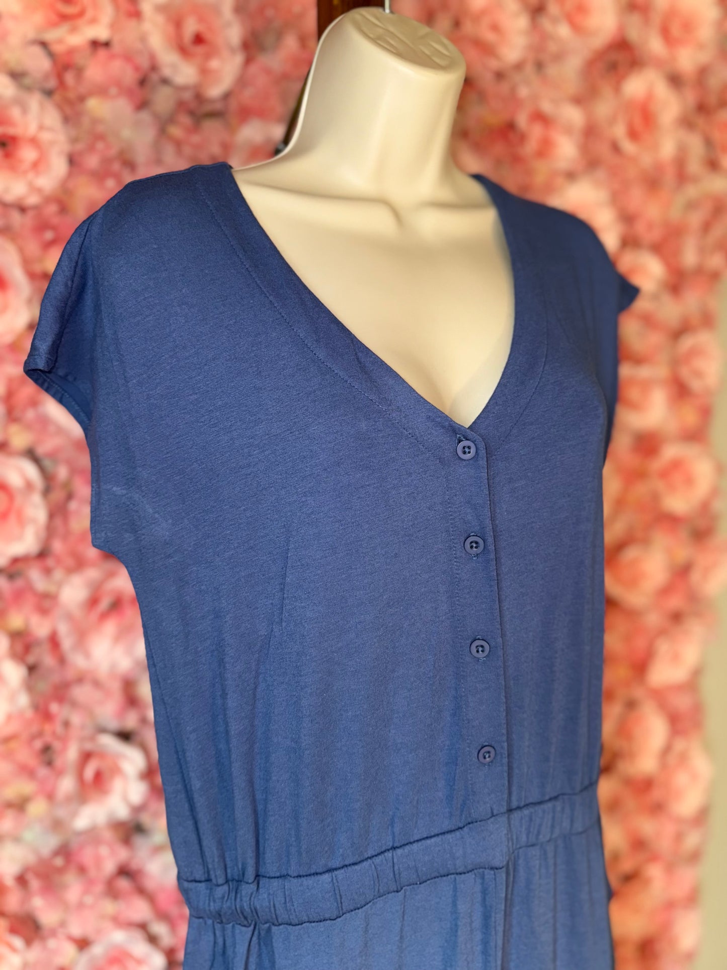 Brooklyn Industries (Small) Blue Button Up V-Neck Jumpsuit with Pockets