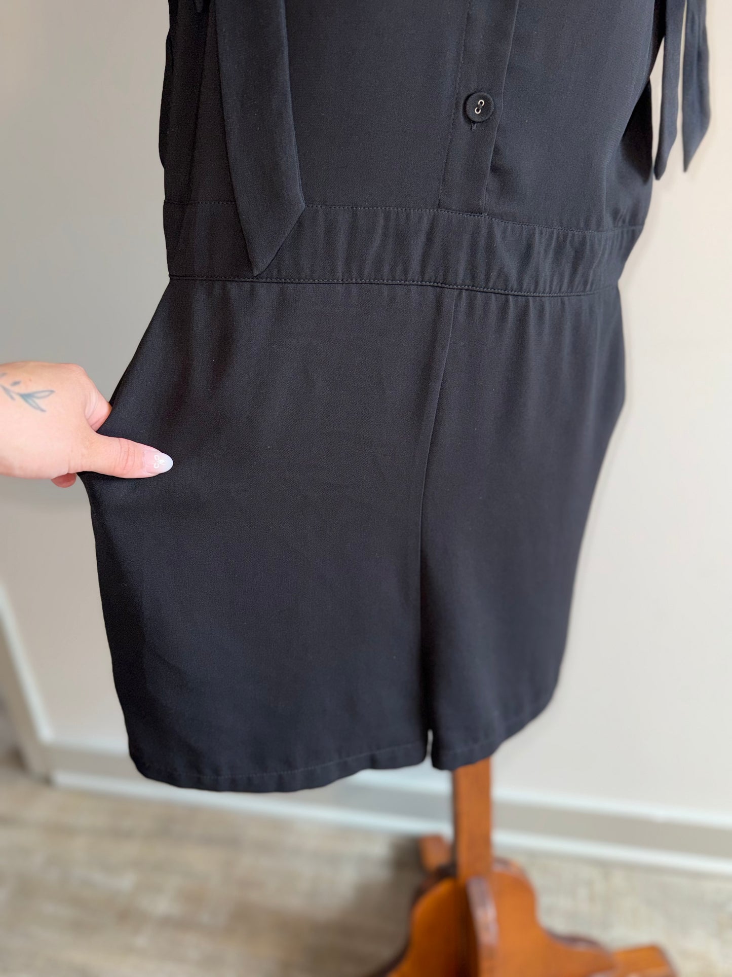 Naked Zebra (Medium) Black Button Up V-Neck Romper with Pockets