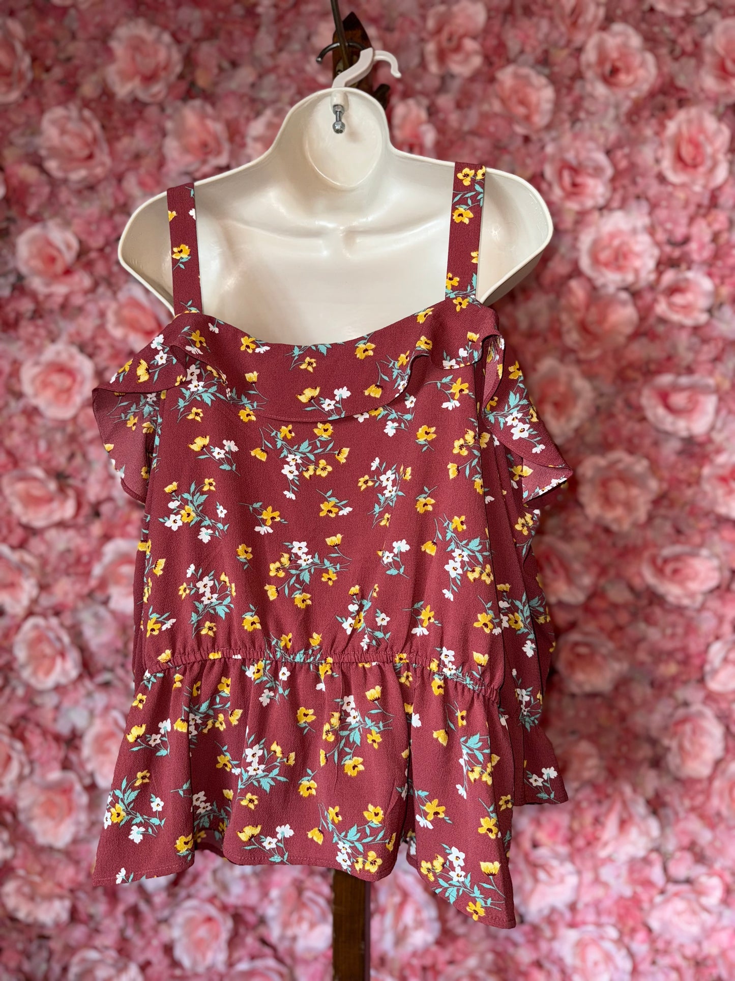 C (1X) Maroon Floral Cold Shoulder Blouse