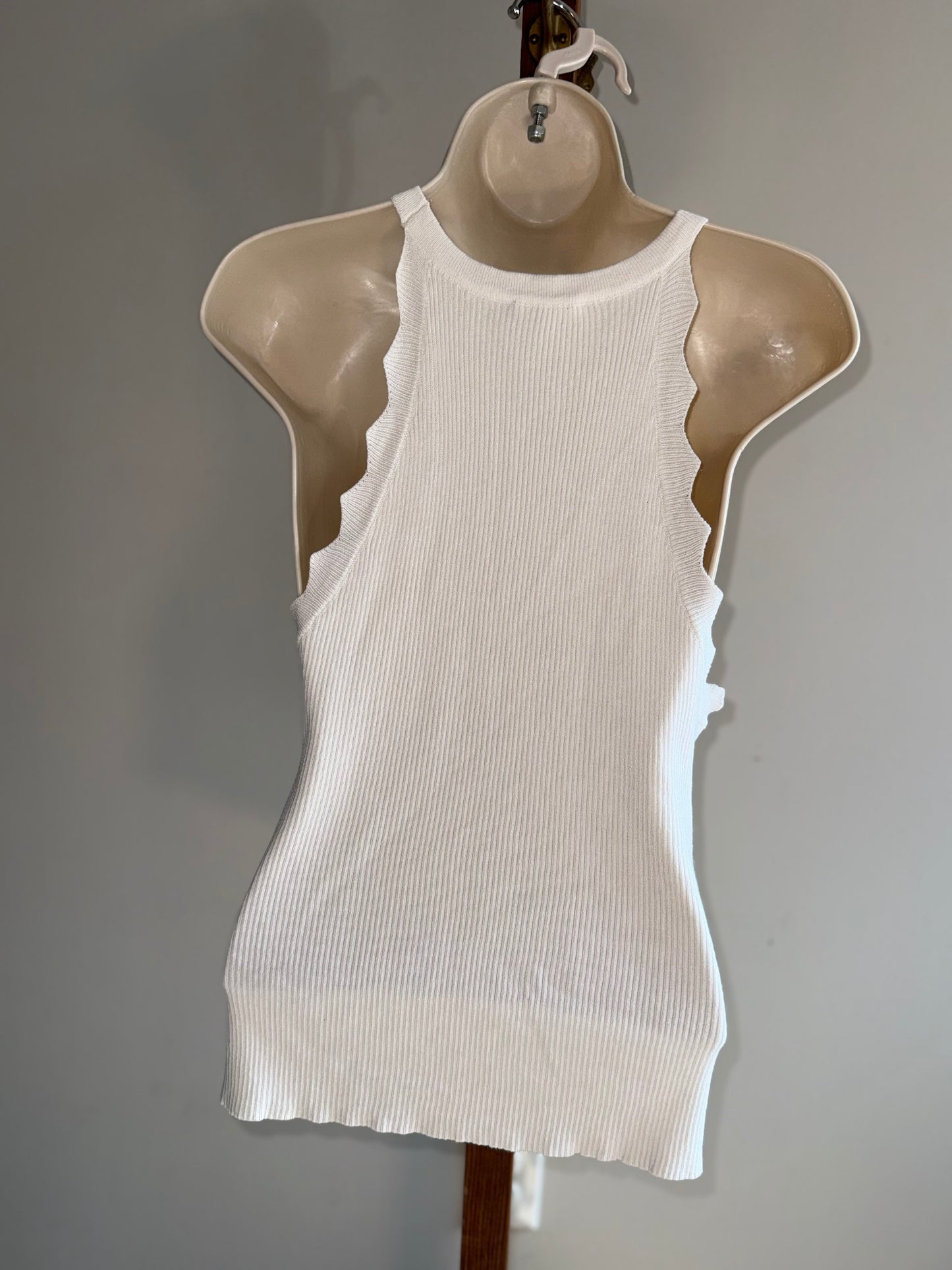 Mystree (Medium) Off White Ribbed Tank Top with Ruffle Trim
