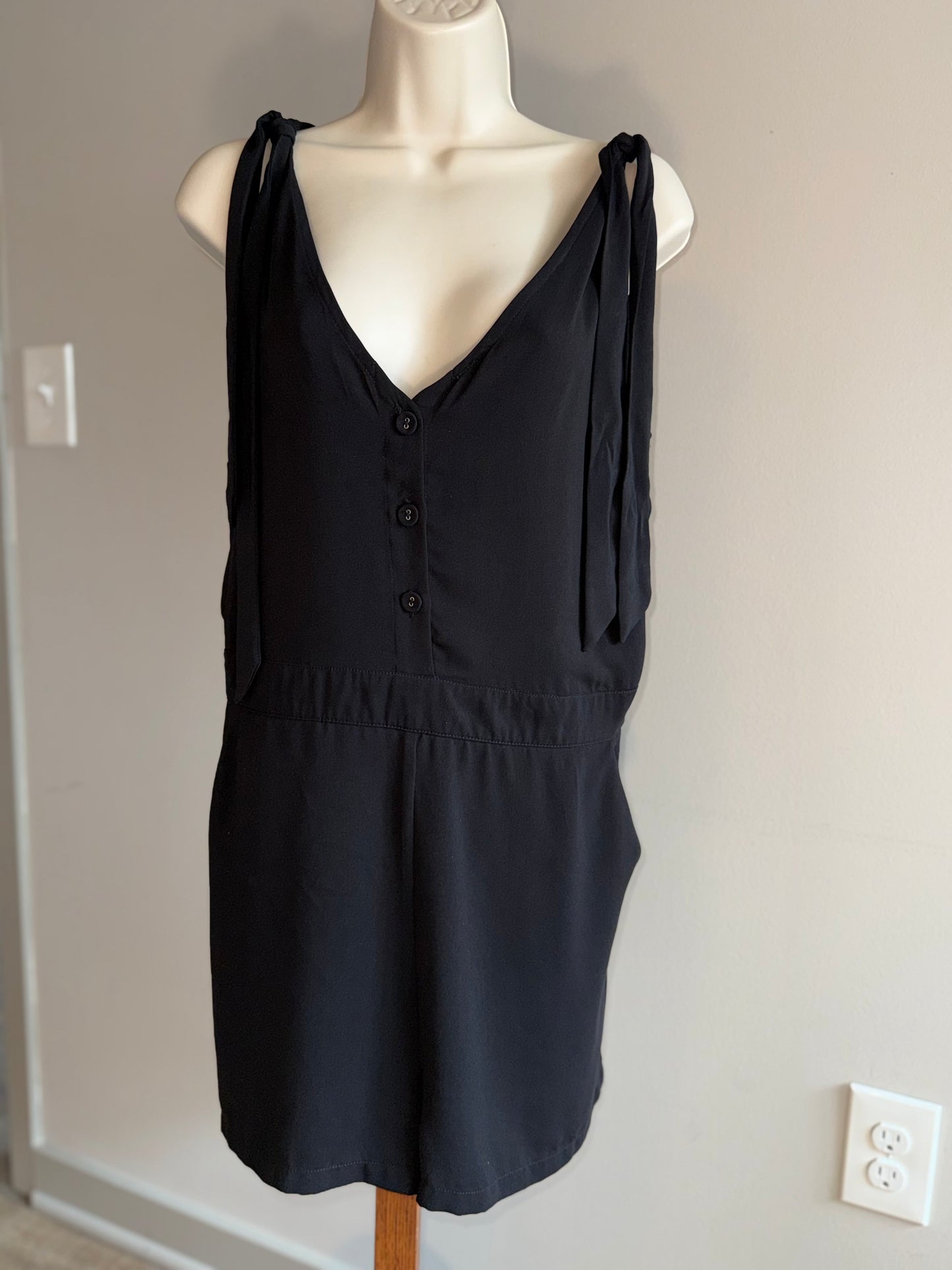 Naked Zebra (Medium) Black Button Up V-Neck Romper with Pockets