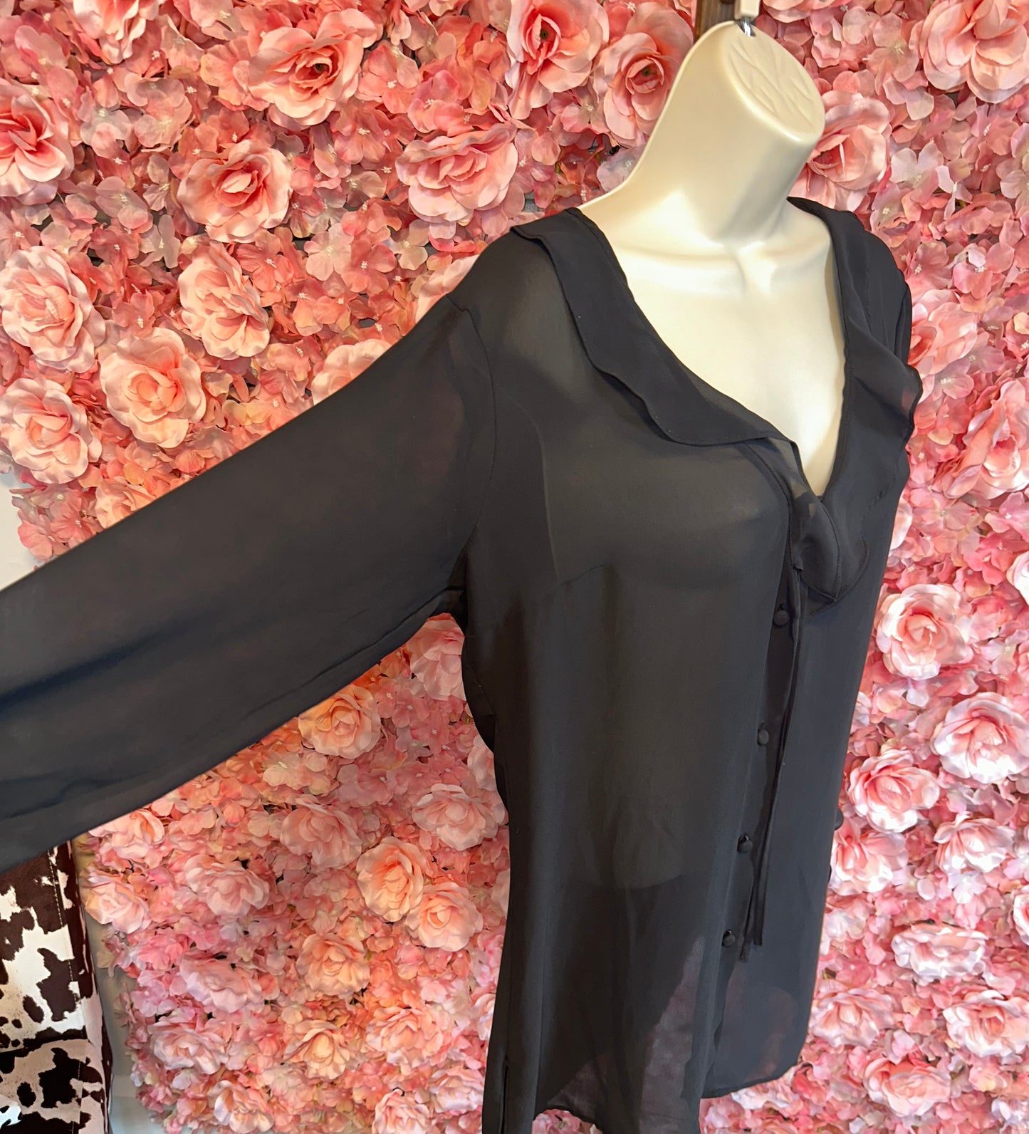 Victoria's Secret (Medium) Black Lightweight V-Neck Button Up w Ruffle Trim