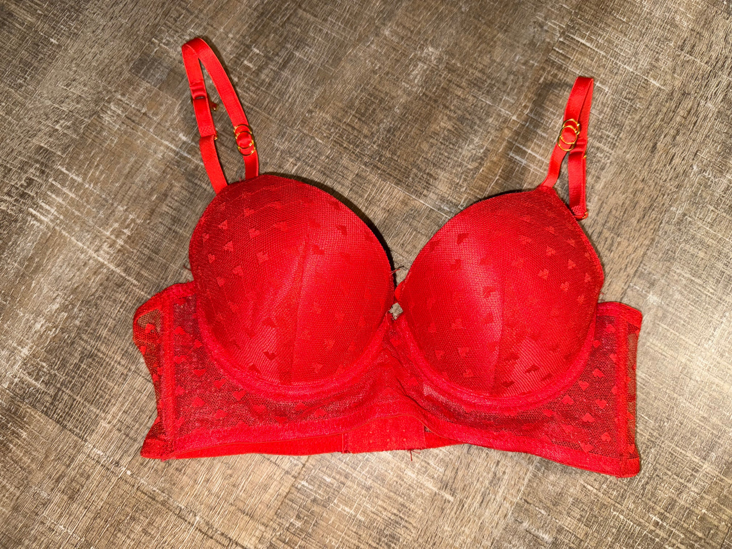 (34B) Red Sheer Heart Pattern Bra