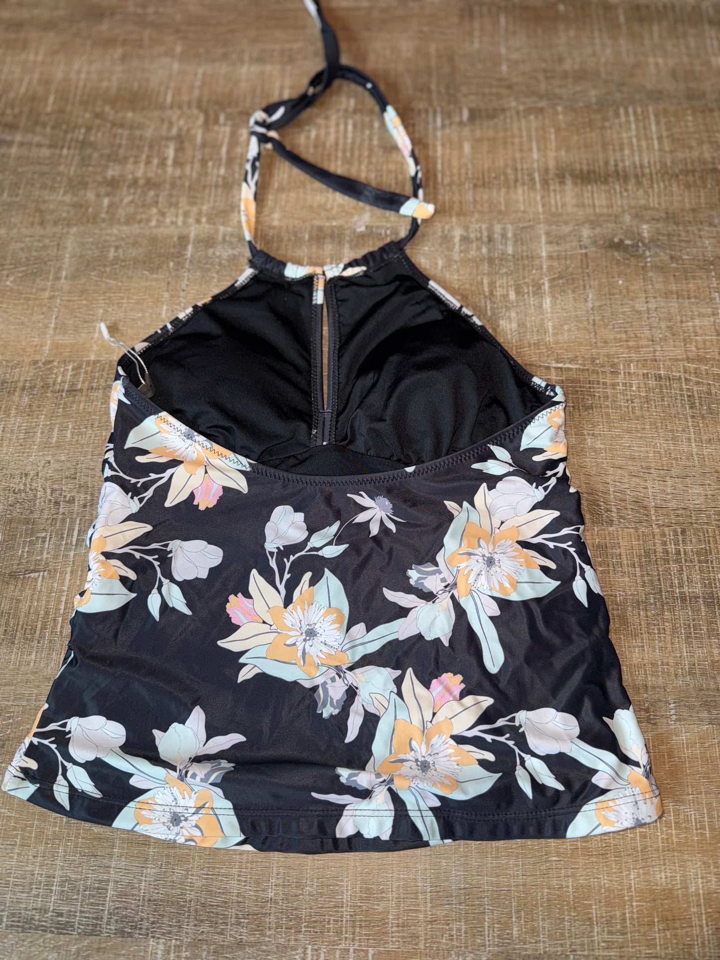 (Small) Black Tankini Swim Top with Floral Pattern & Scrunched Sides