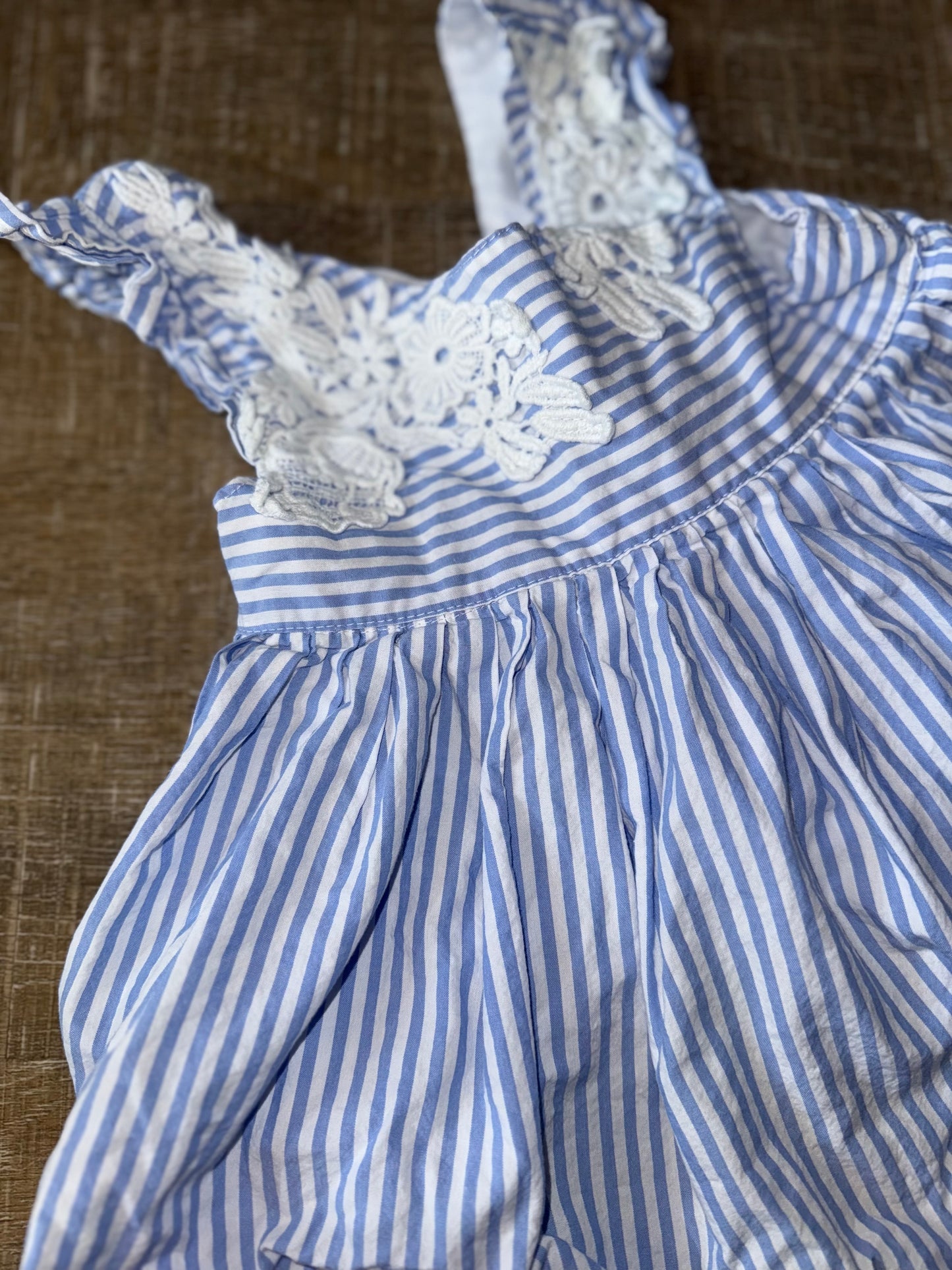 Tahari (2T) Blue & White Striped Dress with Embroidered Neck & Ruffle Sleeves