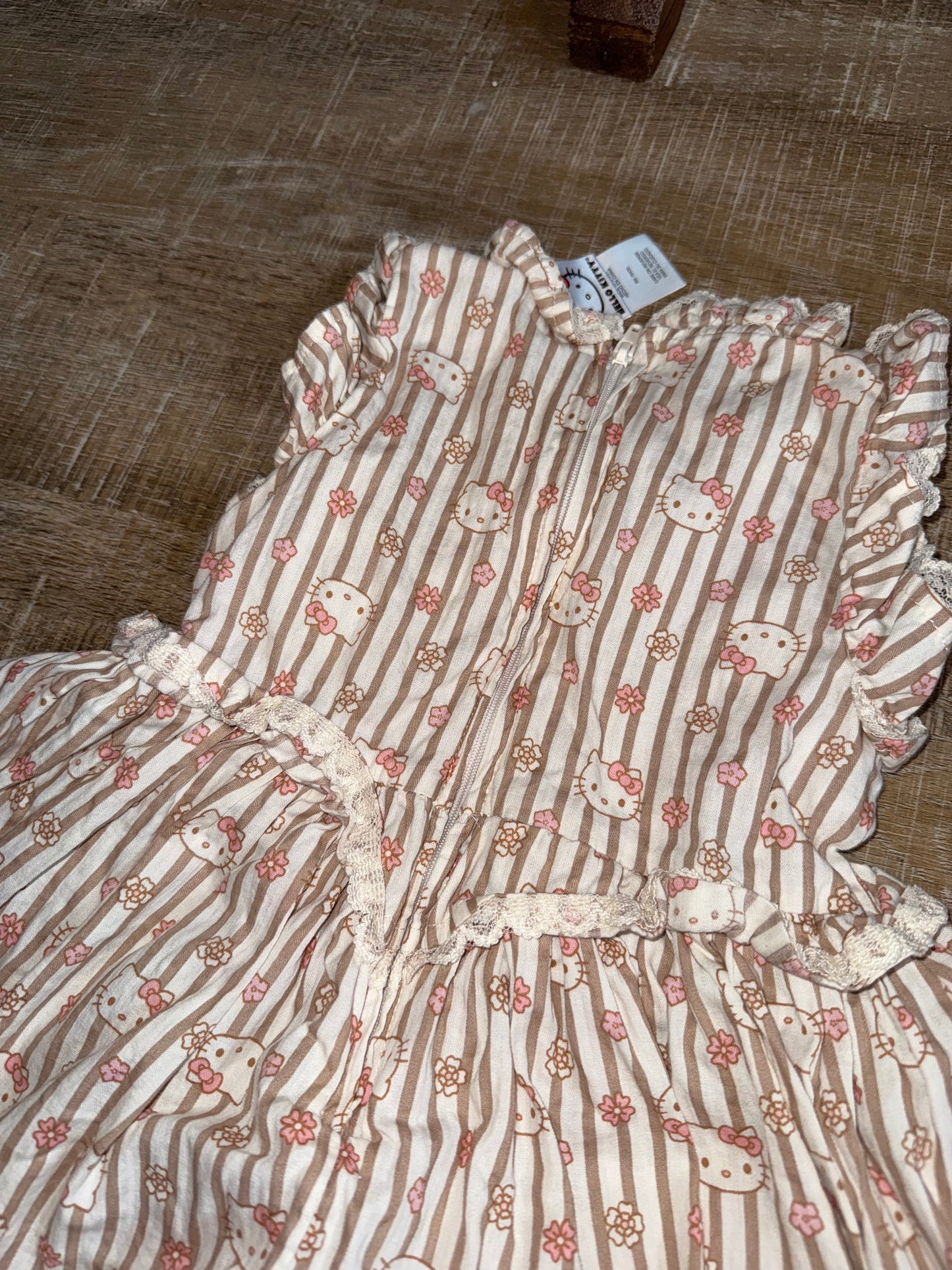 Hello Kitty (4T) Neutral Striped Floral Hello Kitty Pattern Dress with Lace