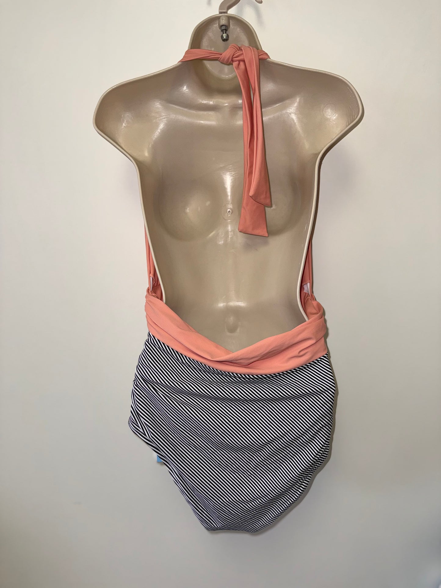 NWT CUPSHE (XL) Brand New Peach with B&W Stripes One Piece Halter Neck Swimsuit