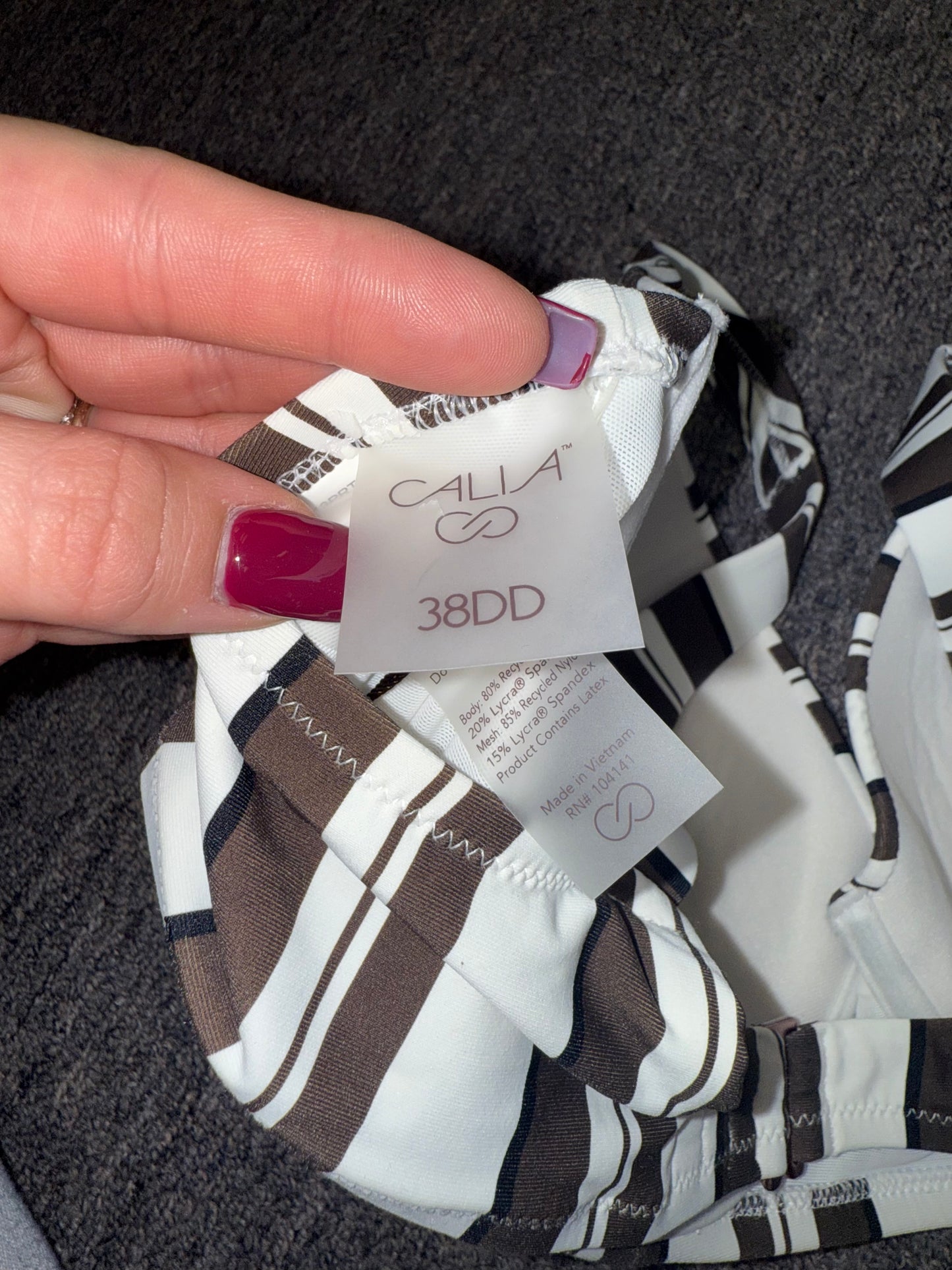 NWT Calia (38DD) Brand New Brown and White Striped Bikini Bathing Suit Top