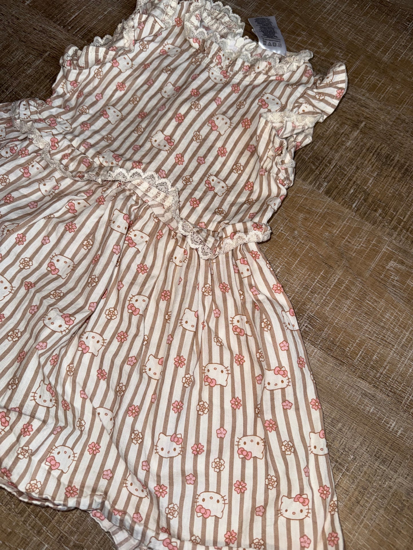 Hello Kitty (4T) Neutral Striped Floral Hello Kitty Pattern Dress with Lace