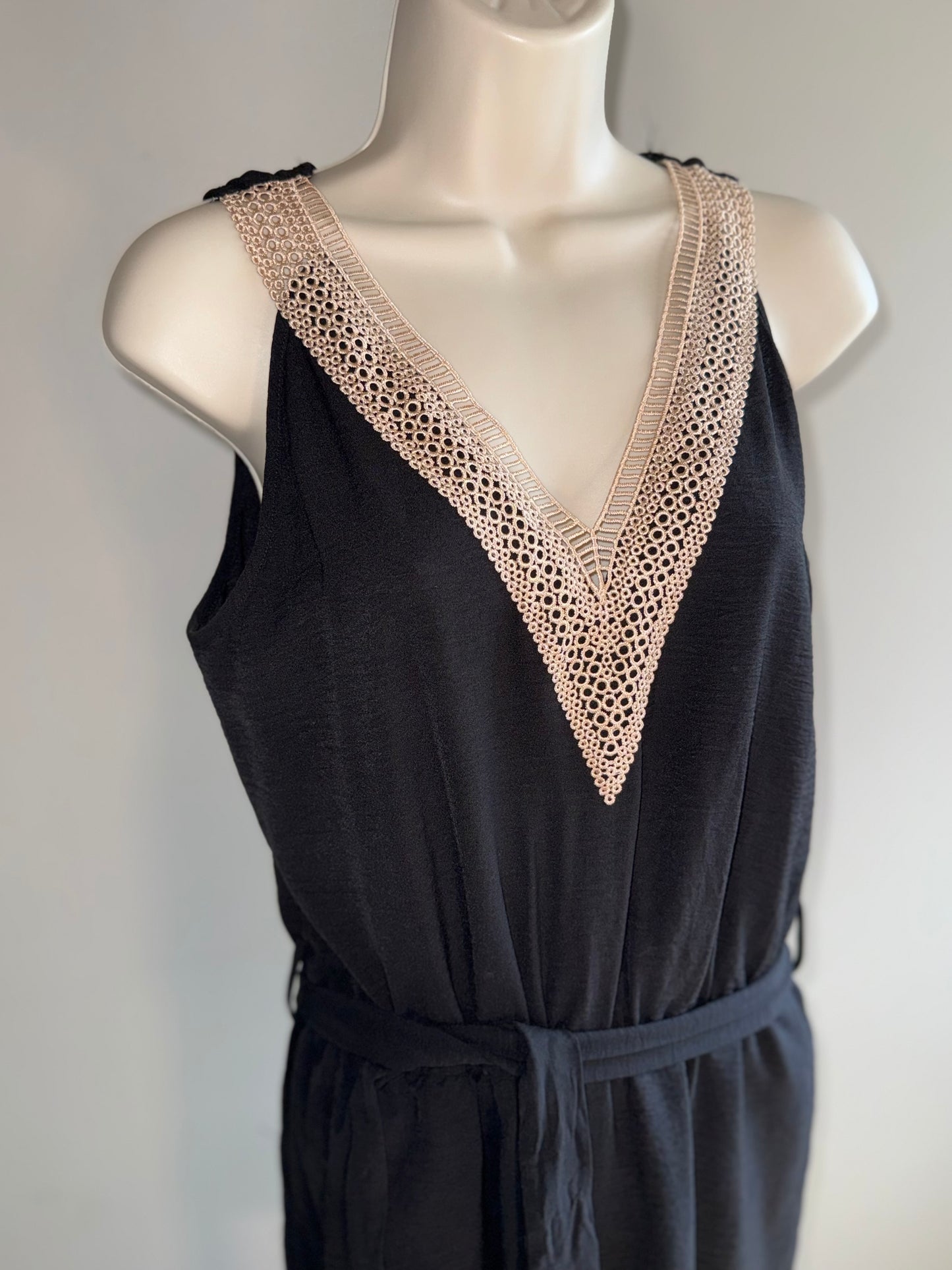 ELINGS (Medium) Black Lace V-Neck Tied Waist Romper with Open Slit Back
