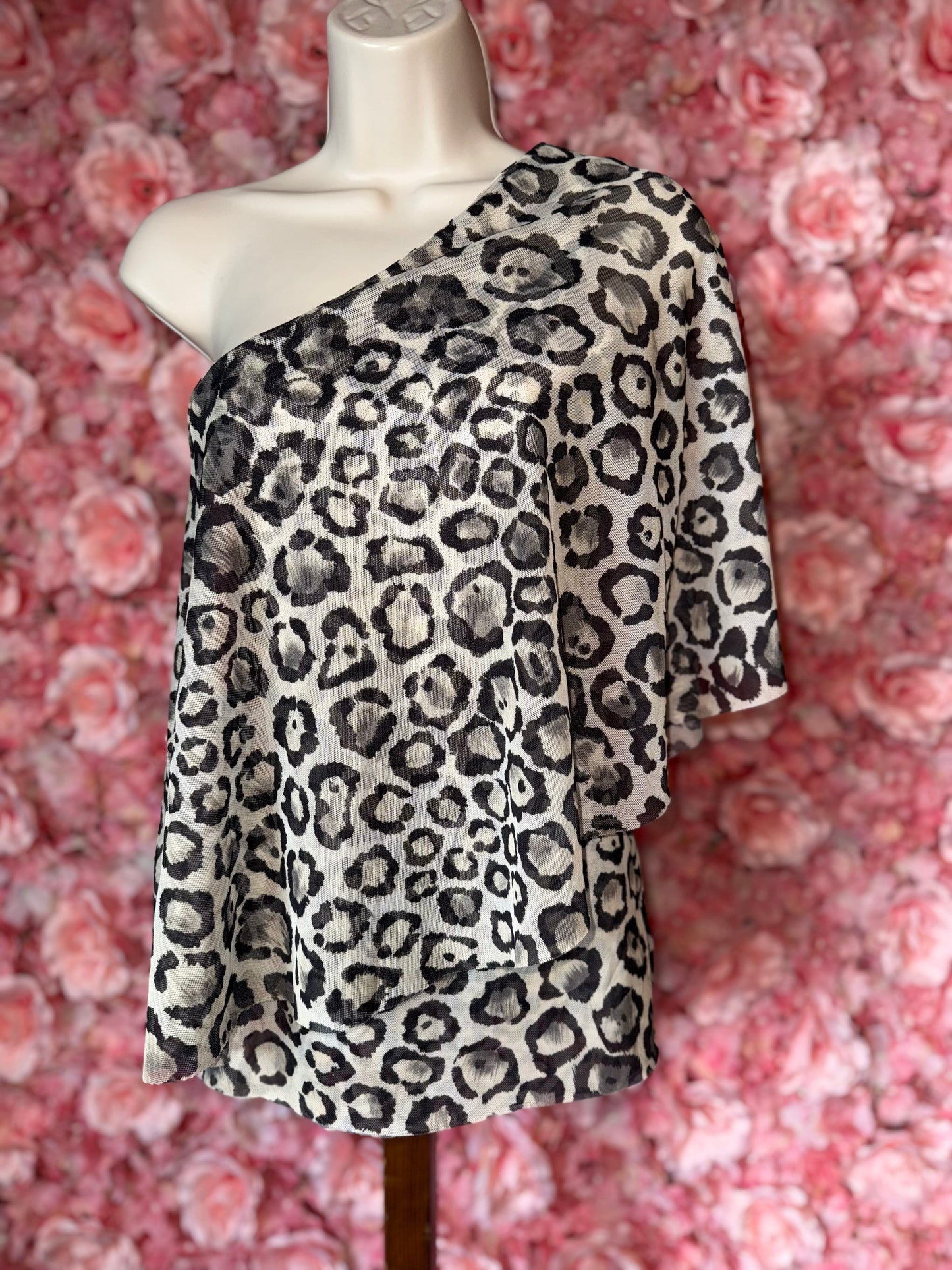 White House Black Market (XXS) Cheetah Print Sheer One Shoulder Blouse
