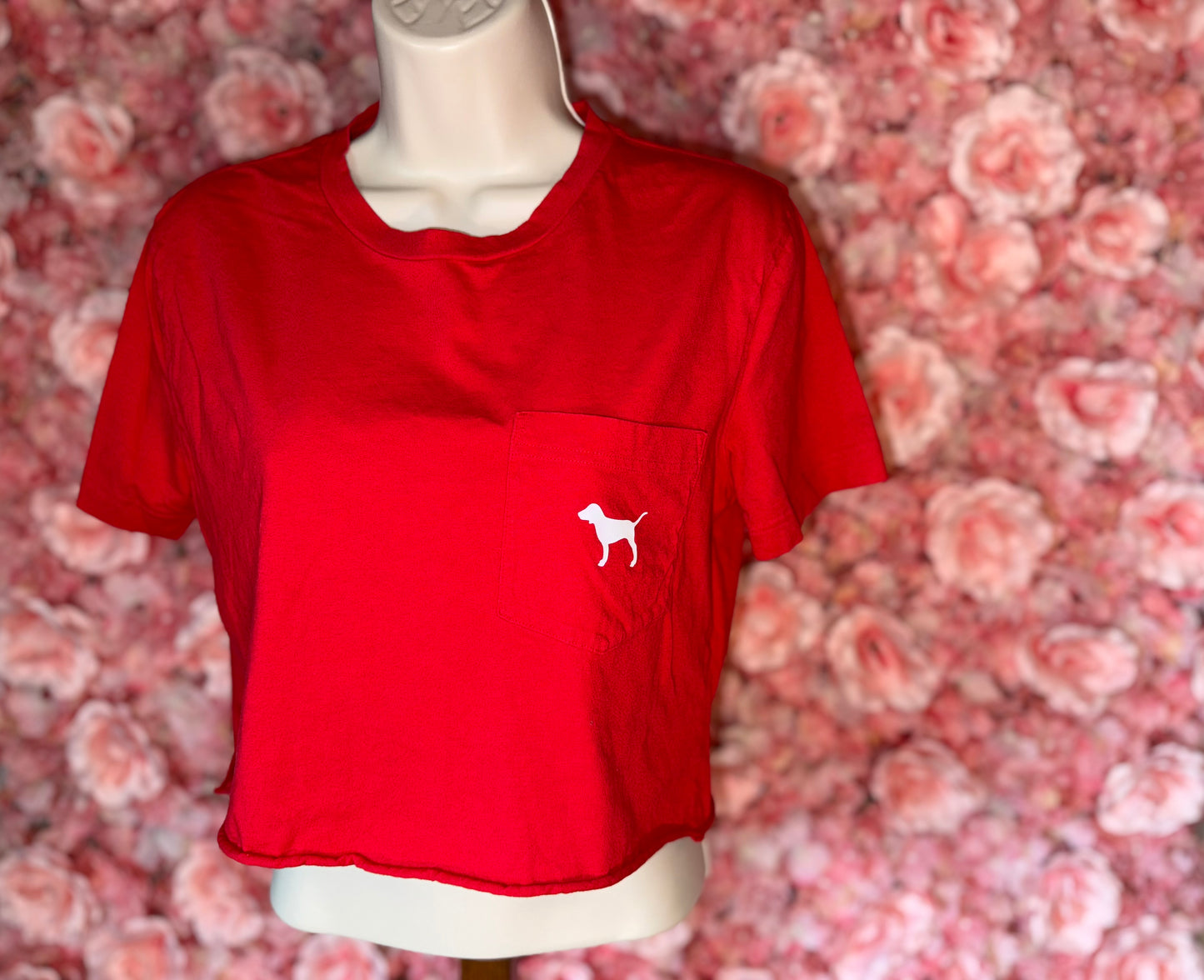 PINK Victoria's Secret (XS) Red Cropped Pocket Tee with Large Plaid Logo on Back