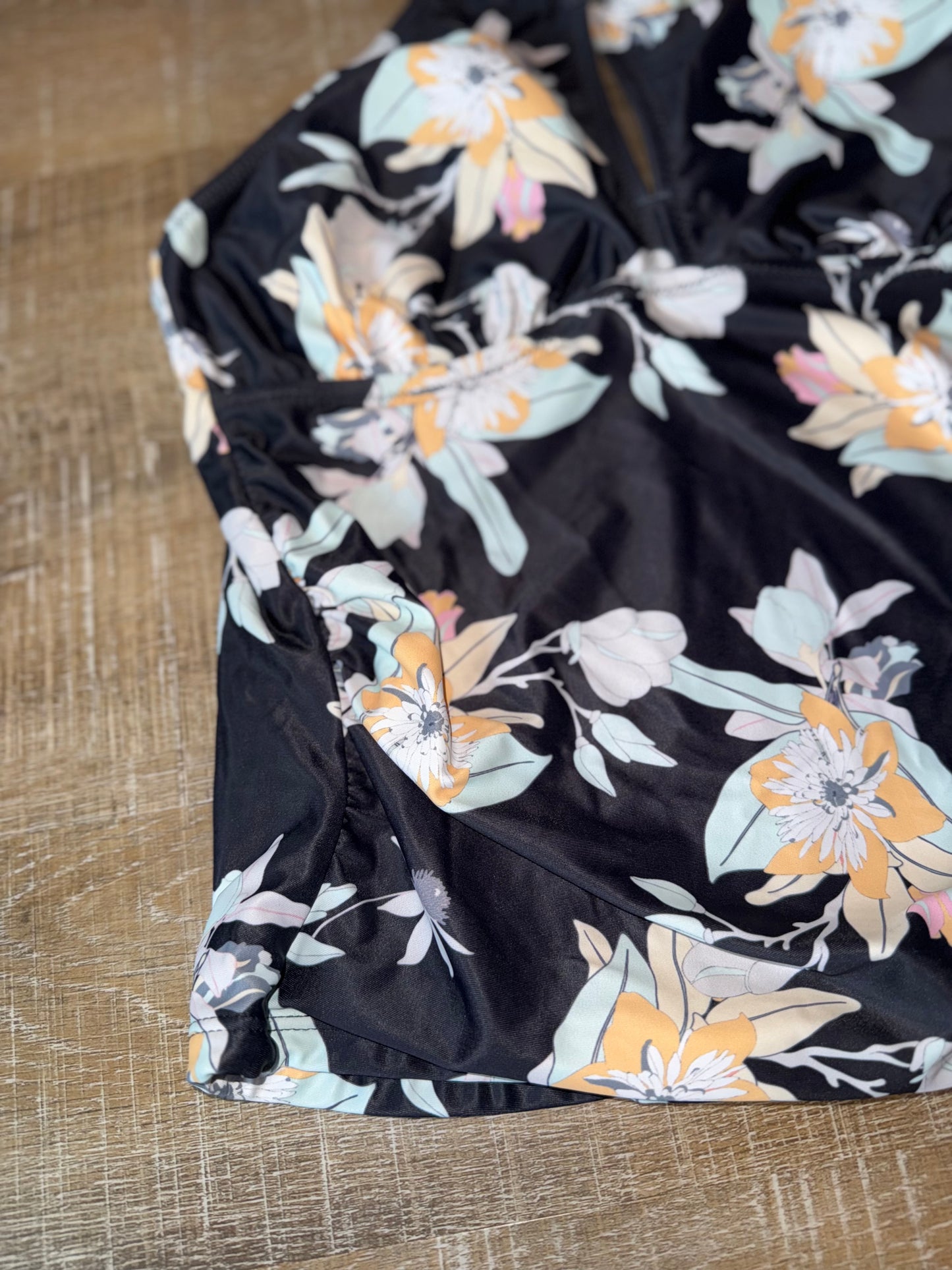 (Small) Black Tankini Swim Top with Floral Pattern & Scrunched Sides