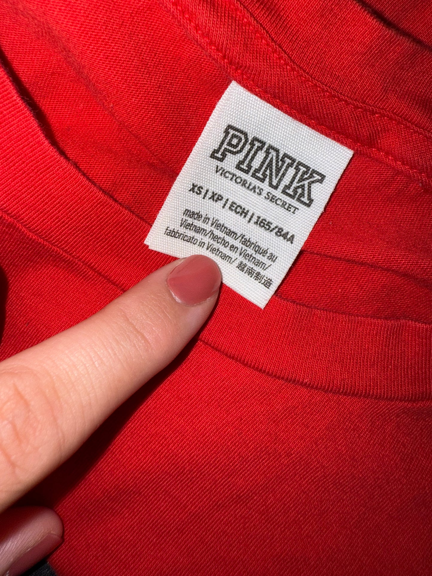 PINK Victoria's Secret (XS) Red Cropped Pocket Tee with Large Plaid Logo on Back