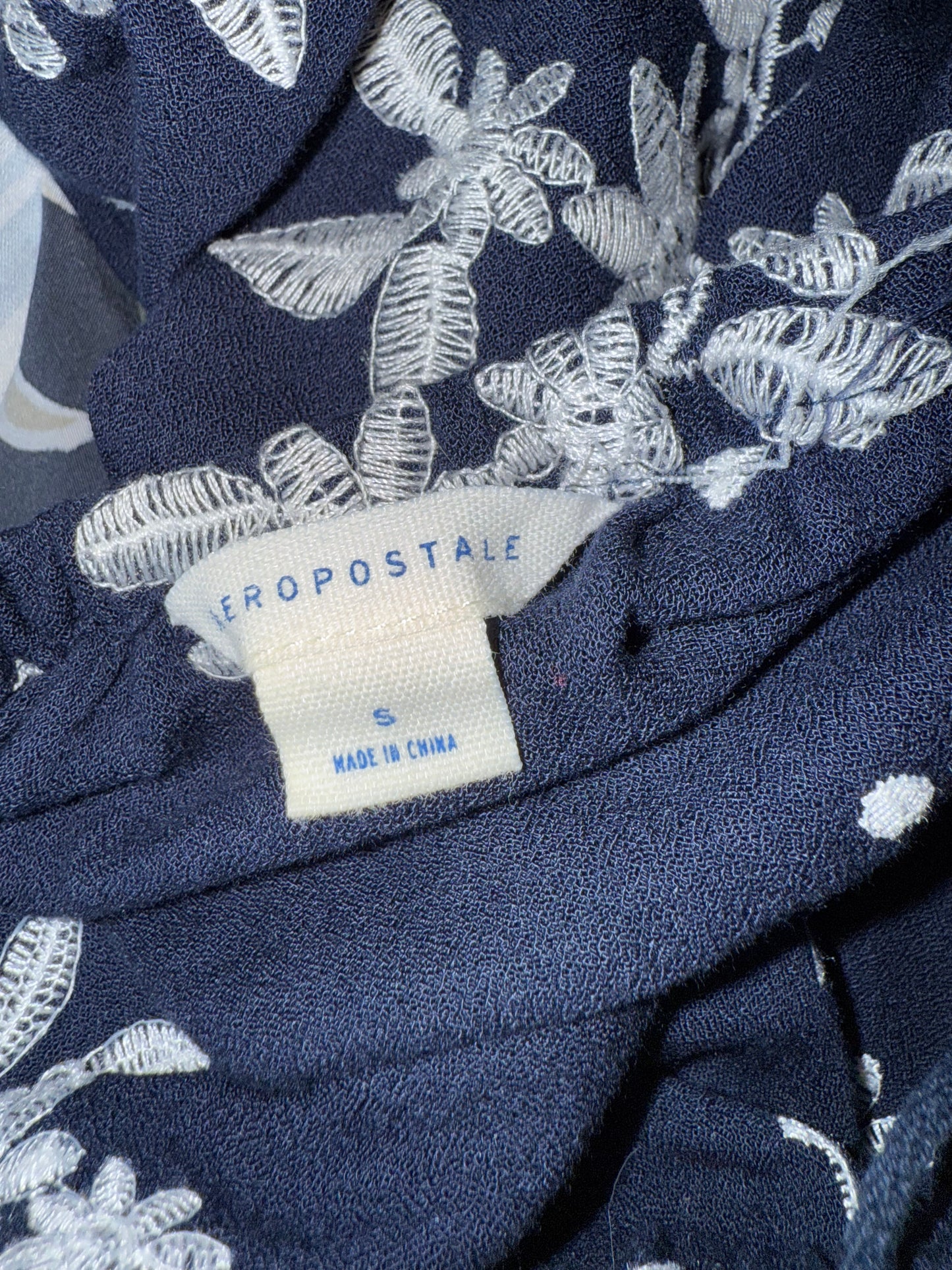 Aeropostale (Small) Navy Blue embroidered Floral Off-The-Shoulder Blouse