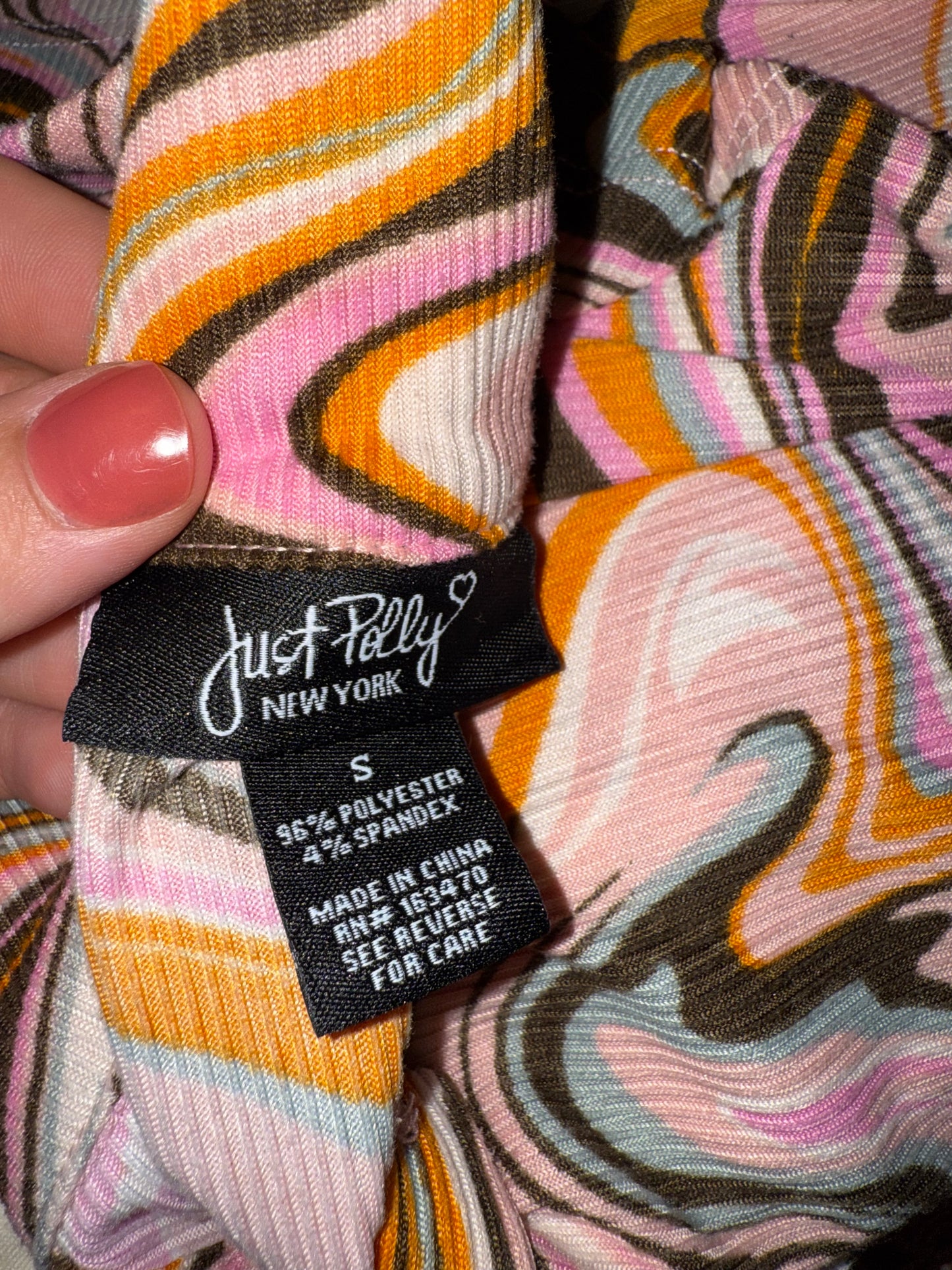 Just Polly (Small) Pink/Brown Swirl Pattern Button Up Crop Top