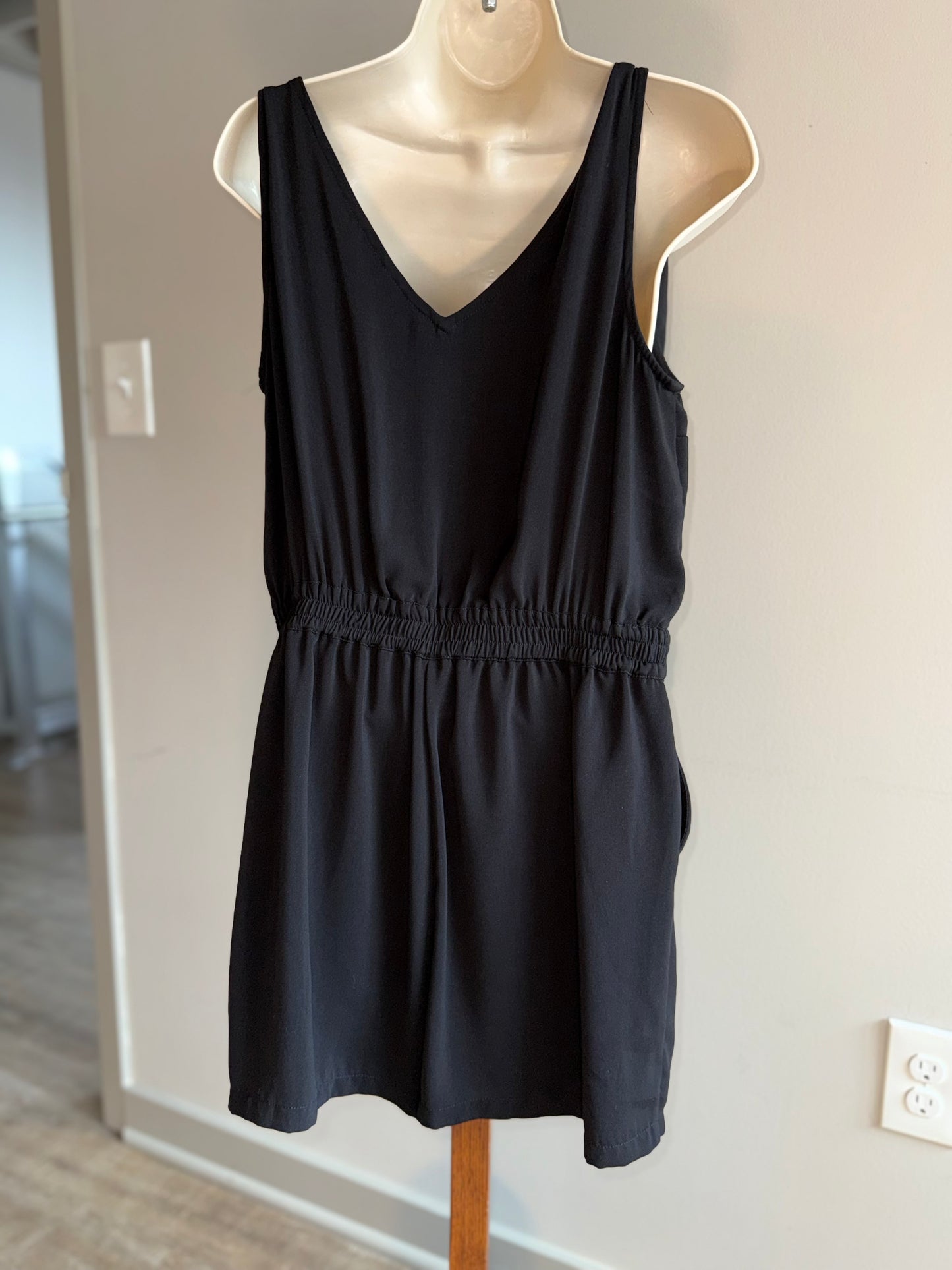 Naked Zebra (Medium) Black Button Up V-Neck Romper with Pockets