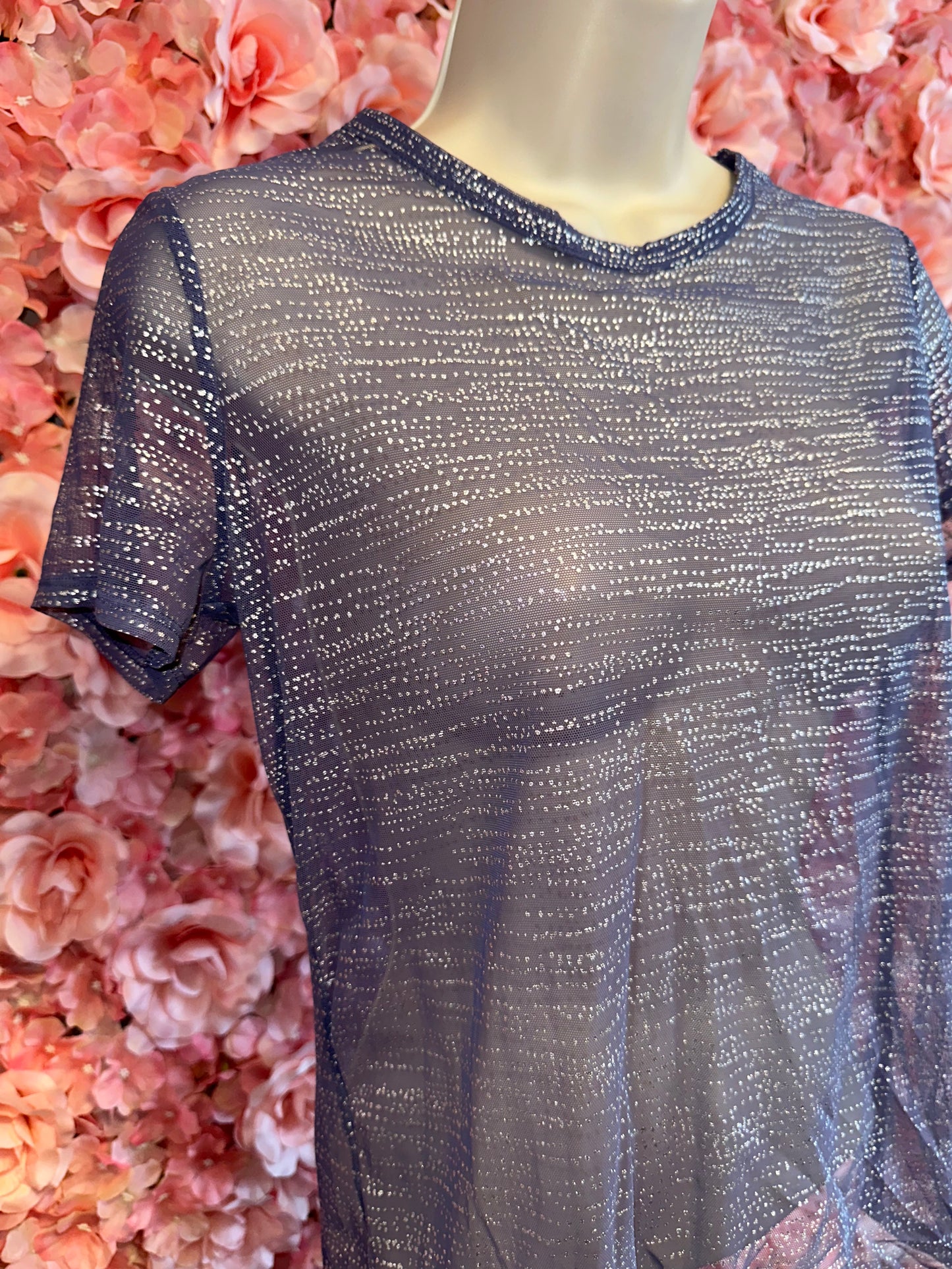 Victoria's Secret (S) Purple Sheer See Thru Short Sleeve Top w Sparkle Pattern