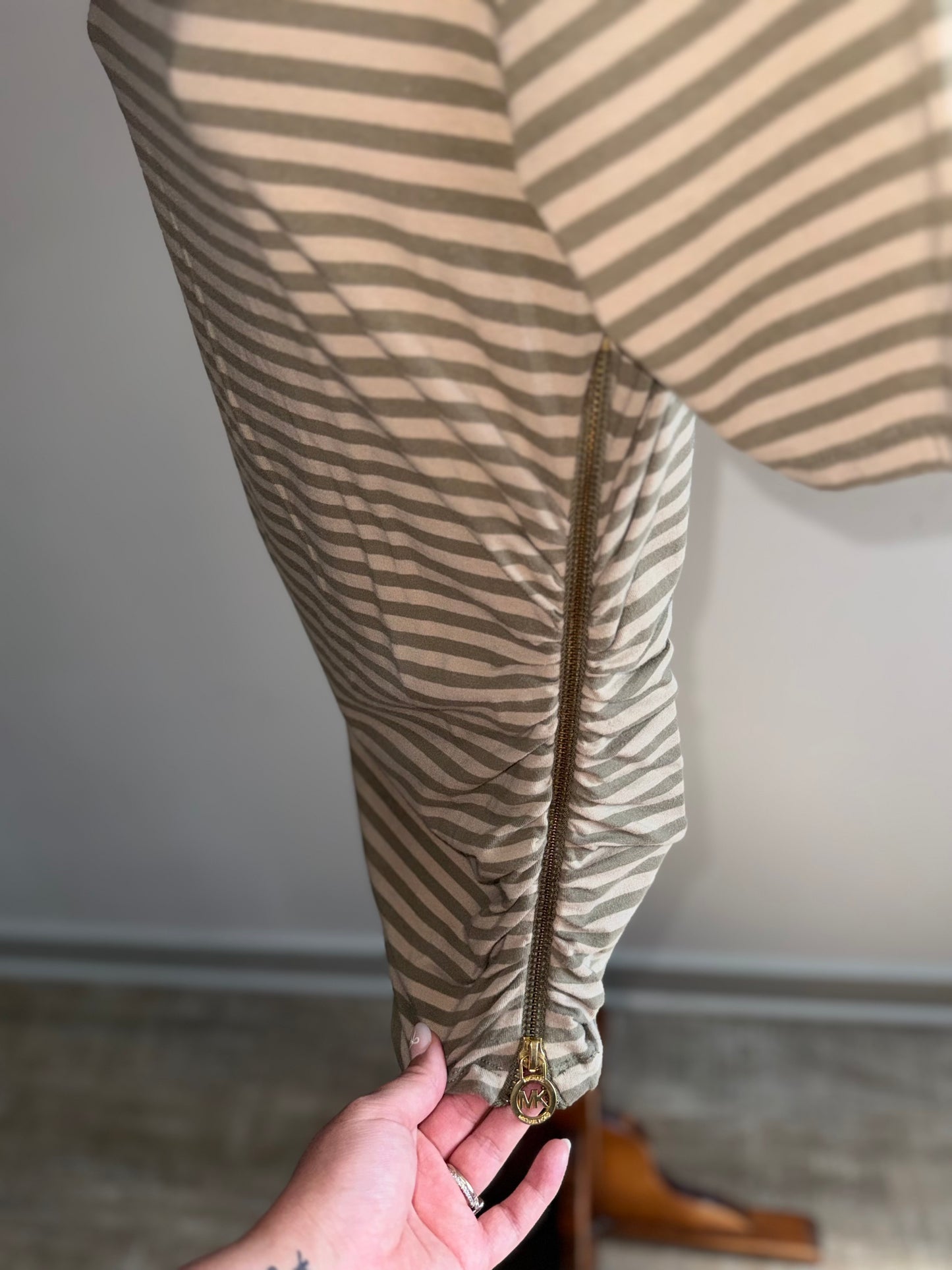 Michael Kors (Small) Brown/Tan Striped Short Sleeve Top with 1 Zipped Side