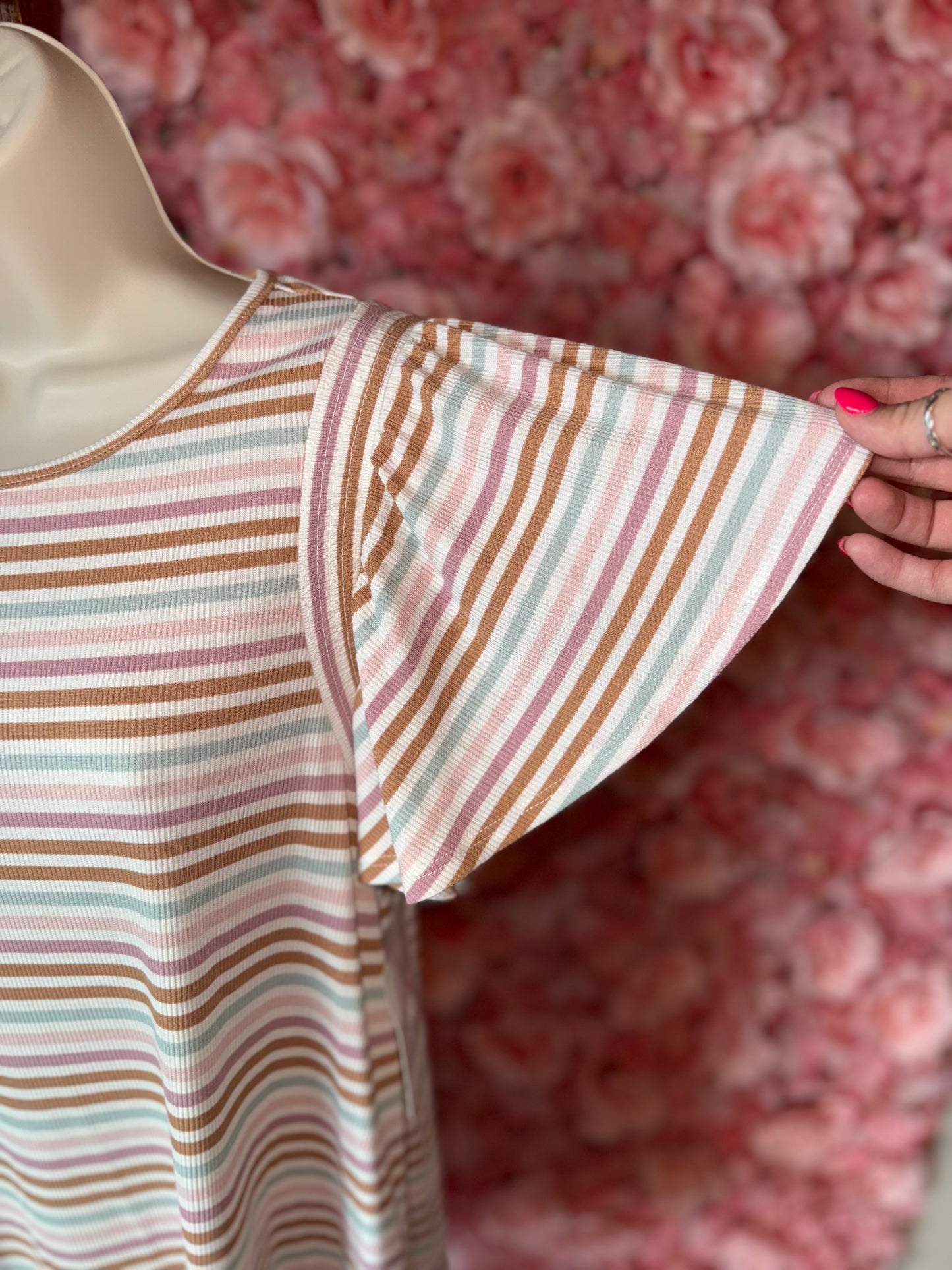 NWT Como Blue (Medium) Brand New Colorful Striped Ribbed Dress w Ruffled Sleeves