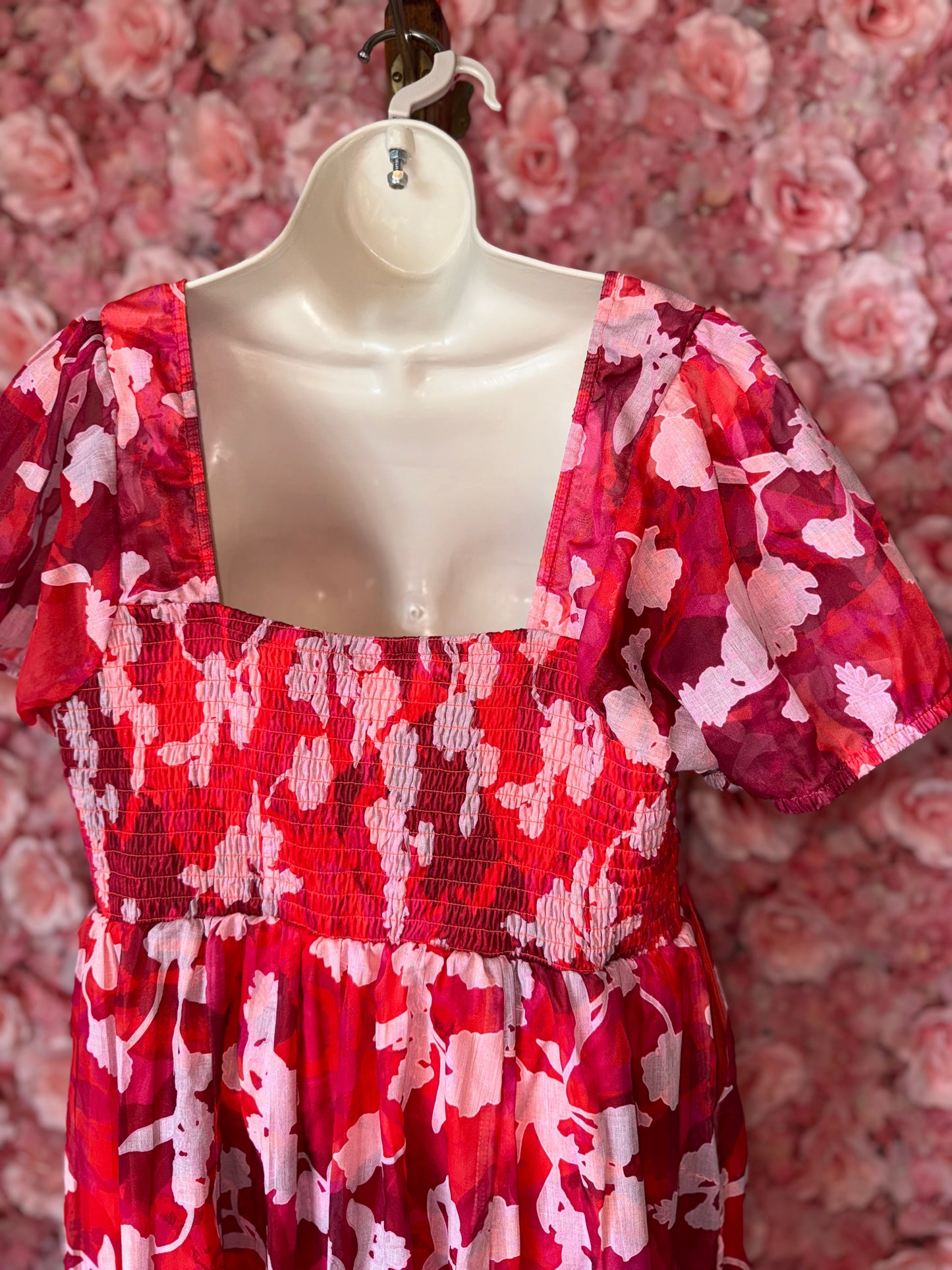 Torrid (2) Red//Pink Floral Sheer Lace Up Maxi Dress