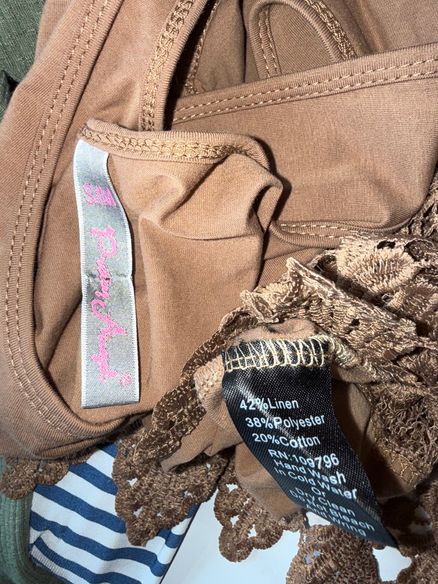 Pretty Angel (S/M) Long Brown Tank with Bottom Embroidered Hem