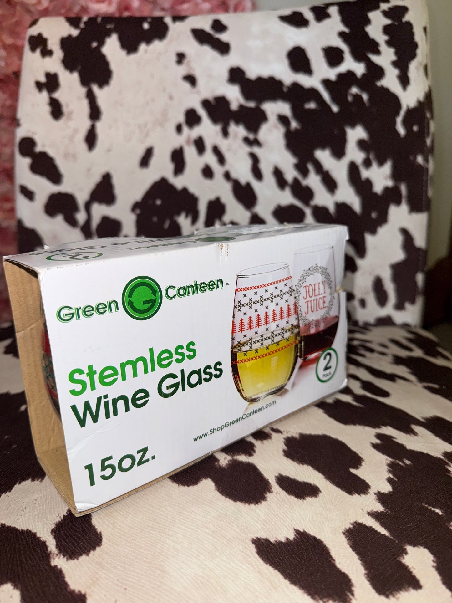 Green Canteen (15oz) Brand New Christmas Jolly Juice 2 Stemless Wine Glasses