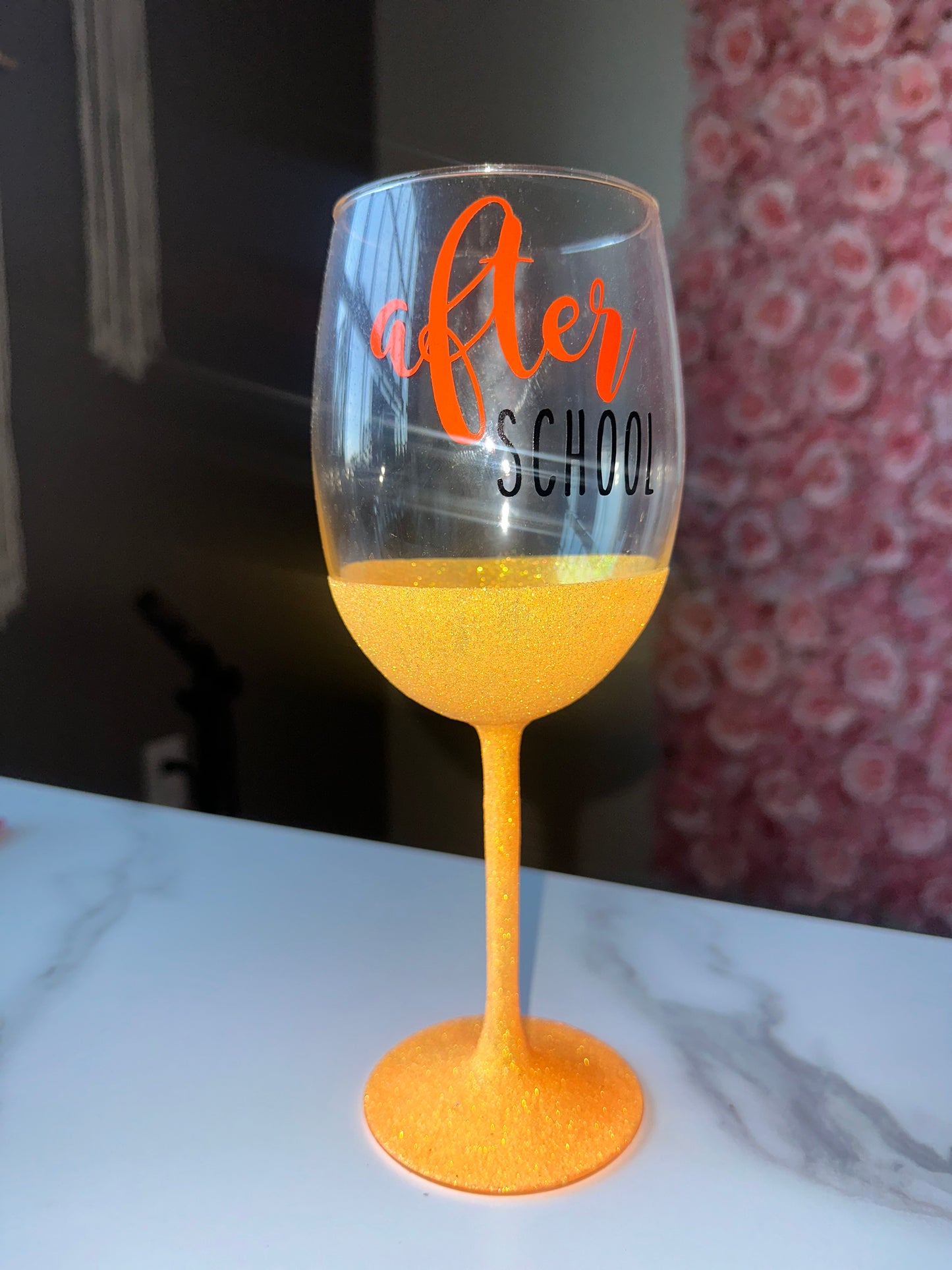 'after school' Handmade Glitter Teacher Wine Glass