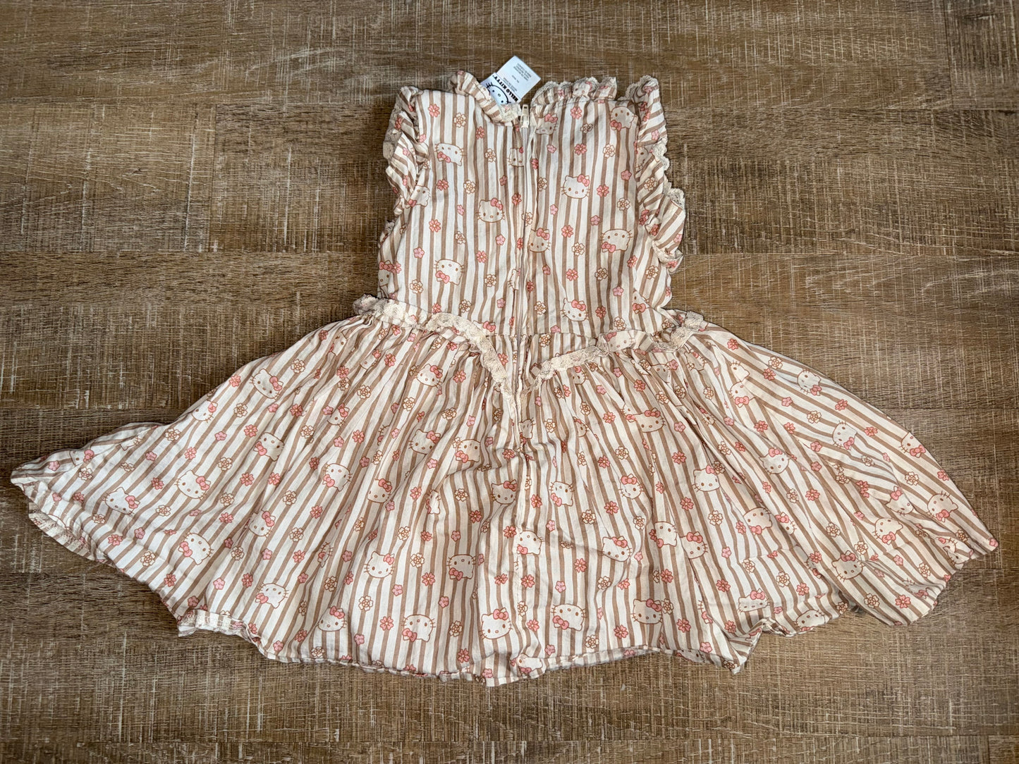 Hello Kitty (4T) Neutral Striped Floral Hello Kitty Pattern Dress with Lace