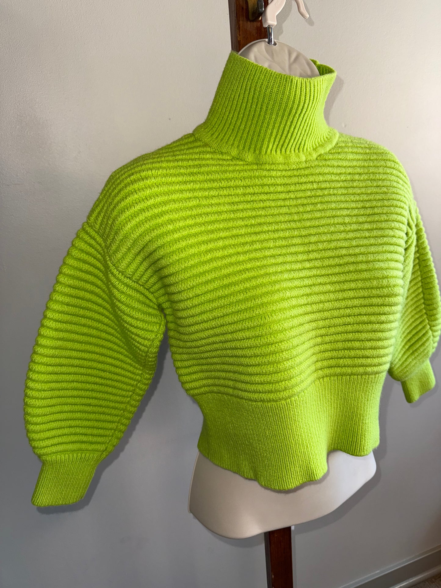 Tanya Taylor (XS) Lime Green Ribbed Turtleneck Wool Sweater
