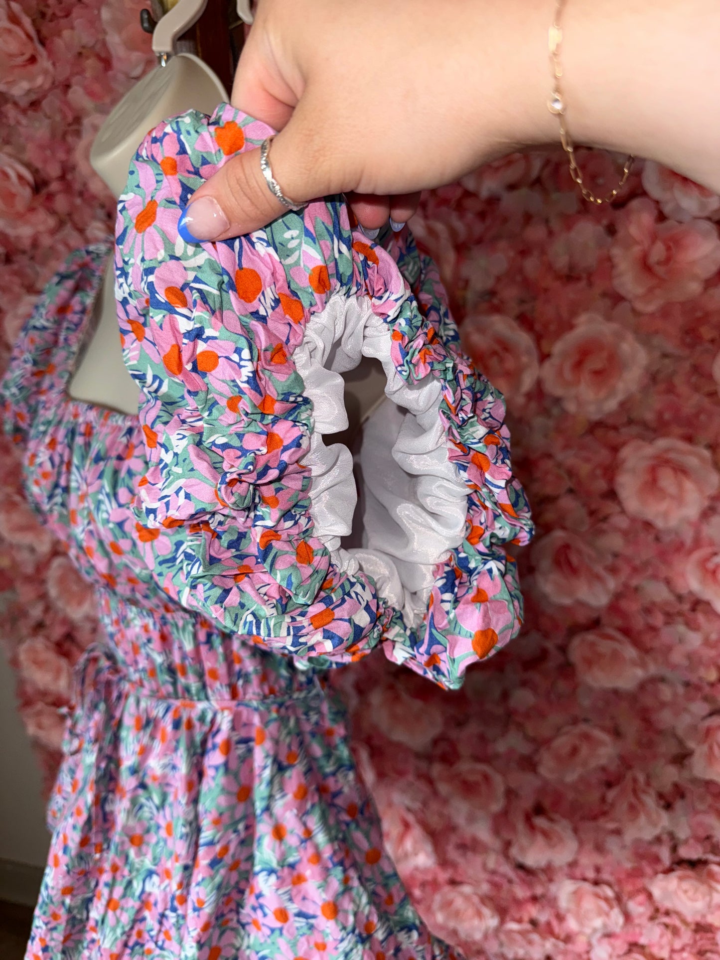 Altar'd State (XS) Colorful Floral Midi Dress with Puff Sleeves