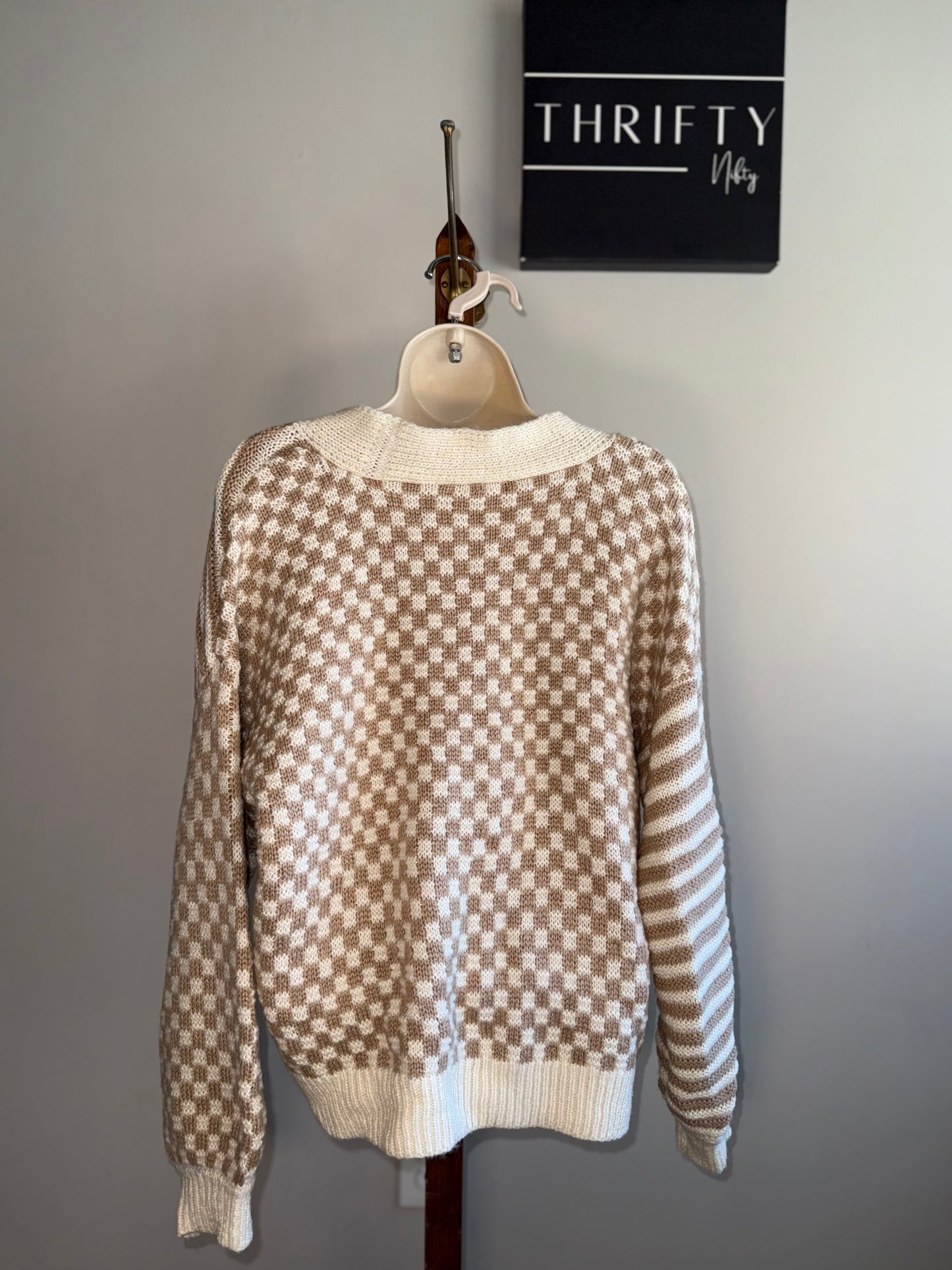 Maurices (Medium) Neutral Checkered/Striped Sweater Cardigan
