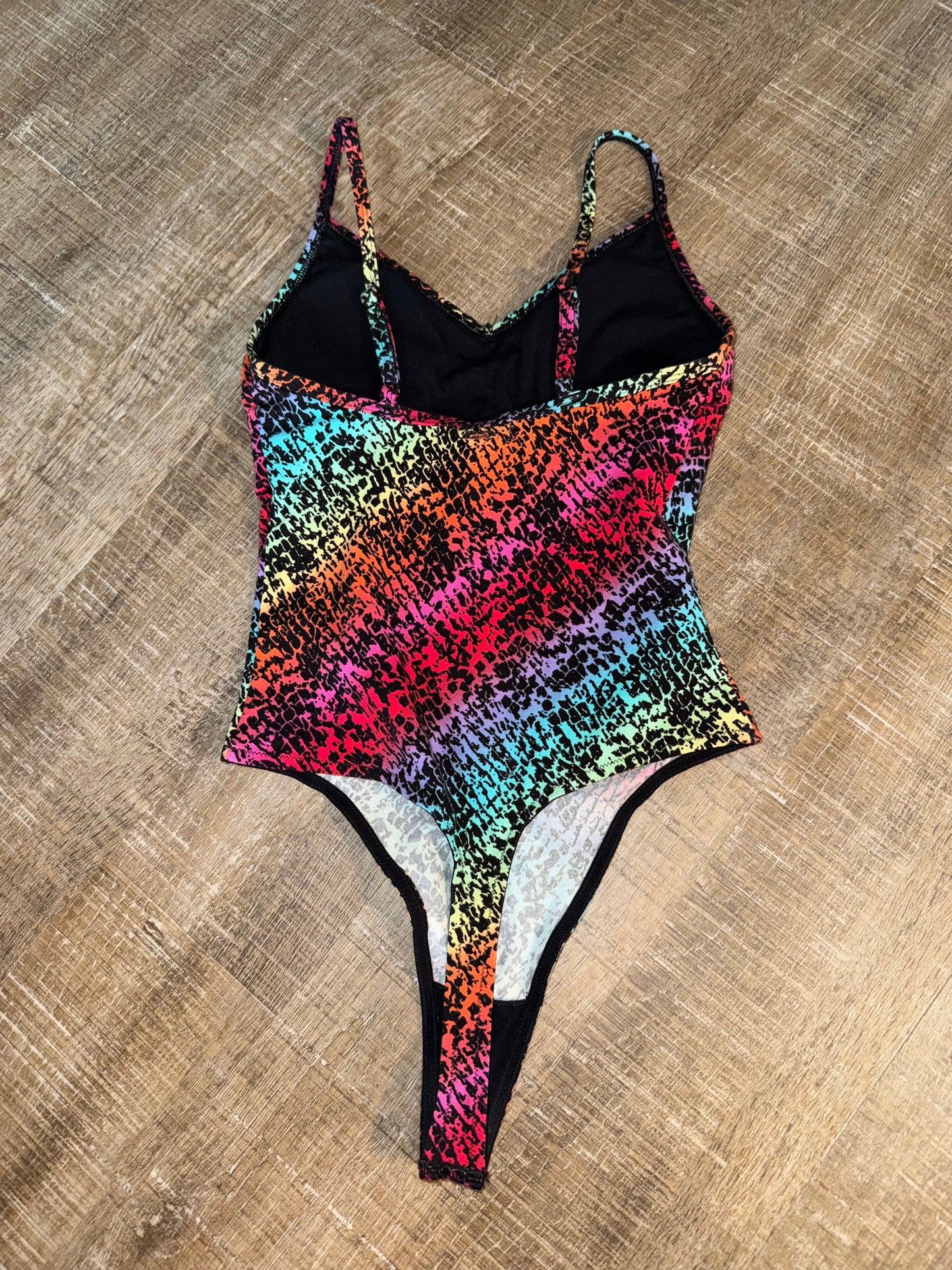 NWT PINK Victoria's Secret (XS) Brand New Black Spec Rainbow Pattern Bodysuit
