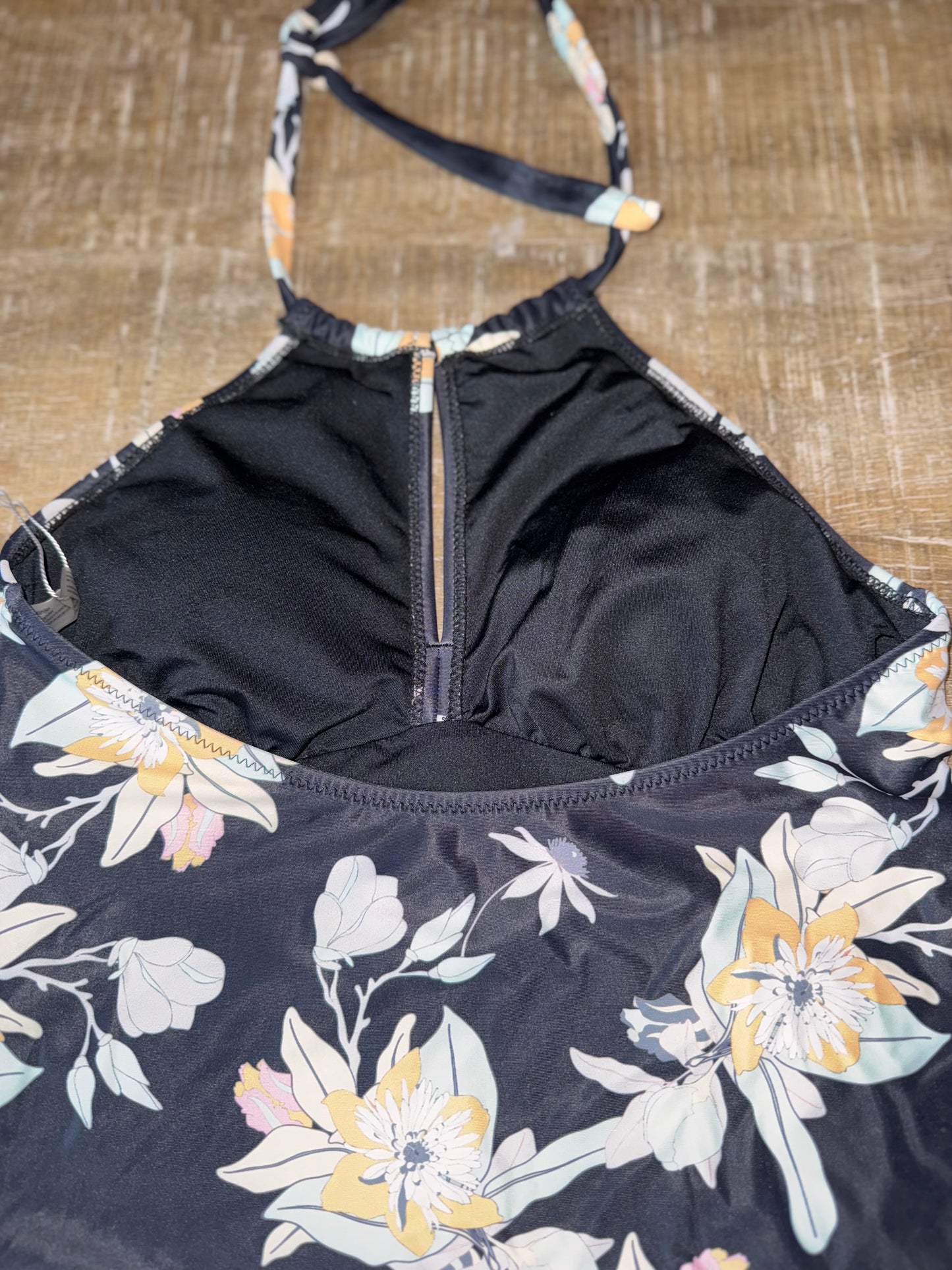 (Small) Black Tankini Swim Top with Floral Pattern & Scrunched Sides
