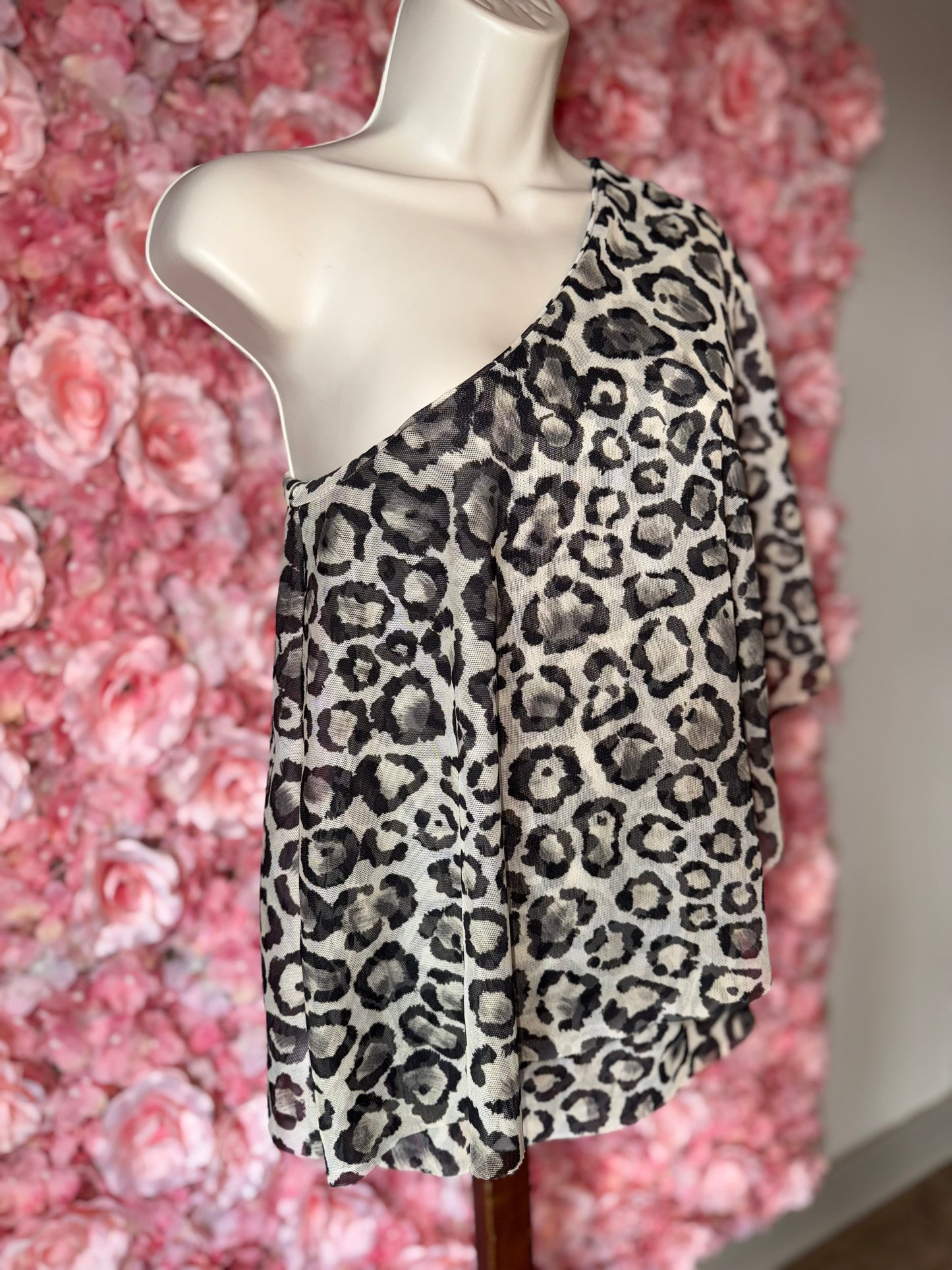 White House Black Market (XXS) Cheetah Print Sheer One Shoulder Blouse