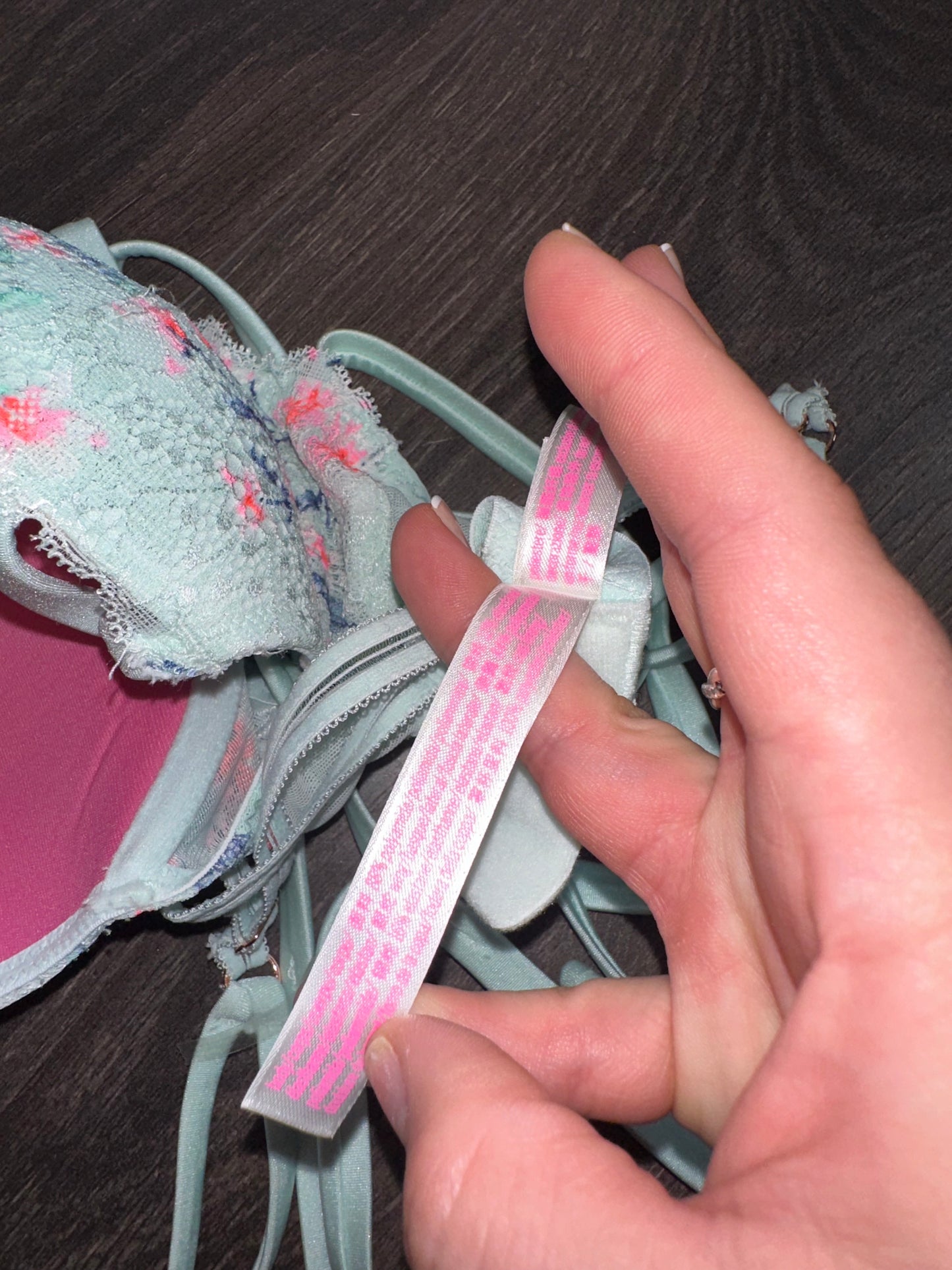 PINK VS (32B) Blue Lace Date Push Up Bra with Pink Floral Pattern