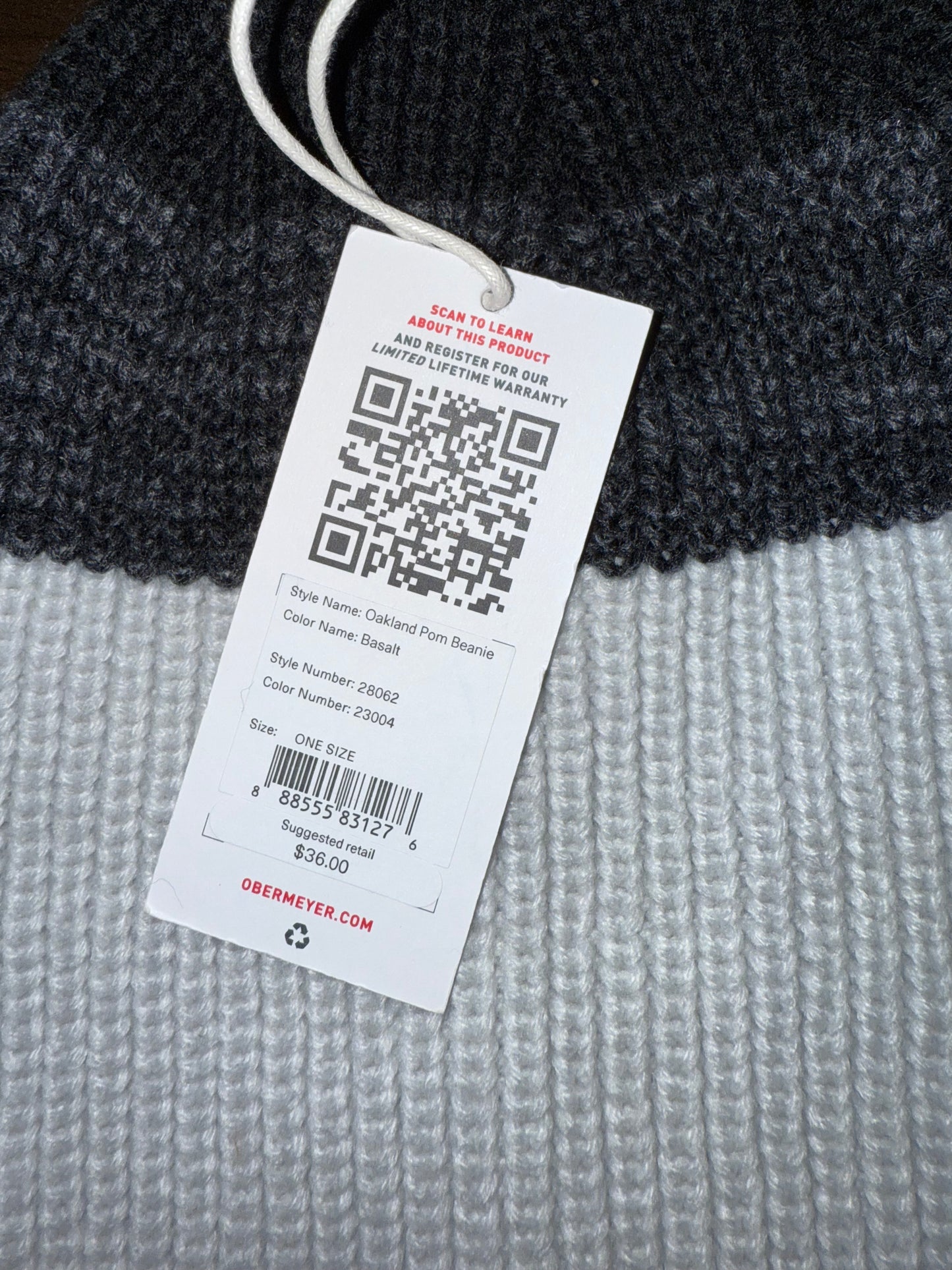 NWT Obermeyer (OS) Brand New Striped Black & Grey Oakland Pom Knit Beanie