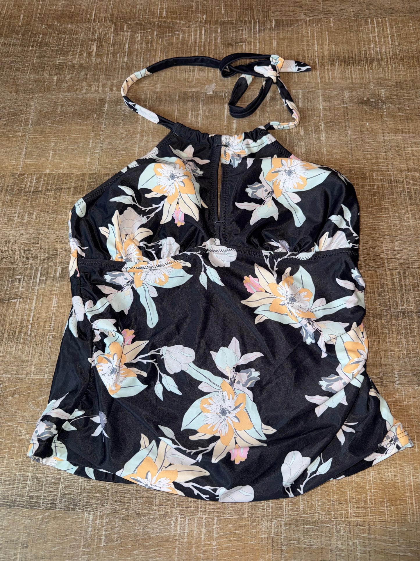 (Small) Black Tankini Swim Top with Floral Pattern & Scrunched Sides