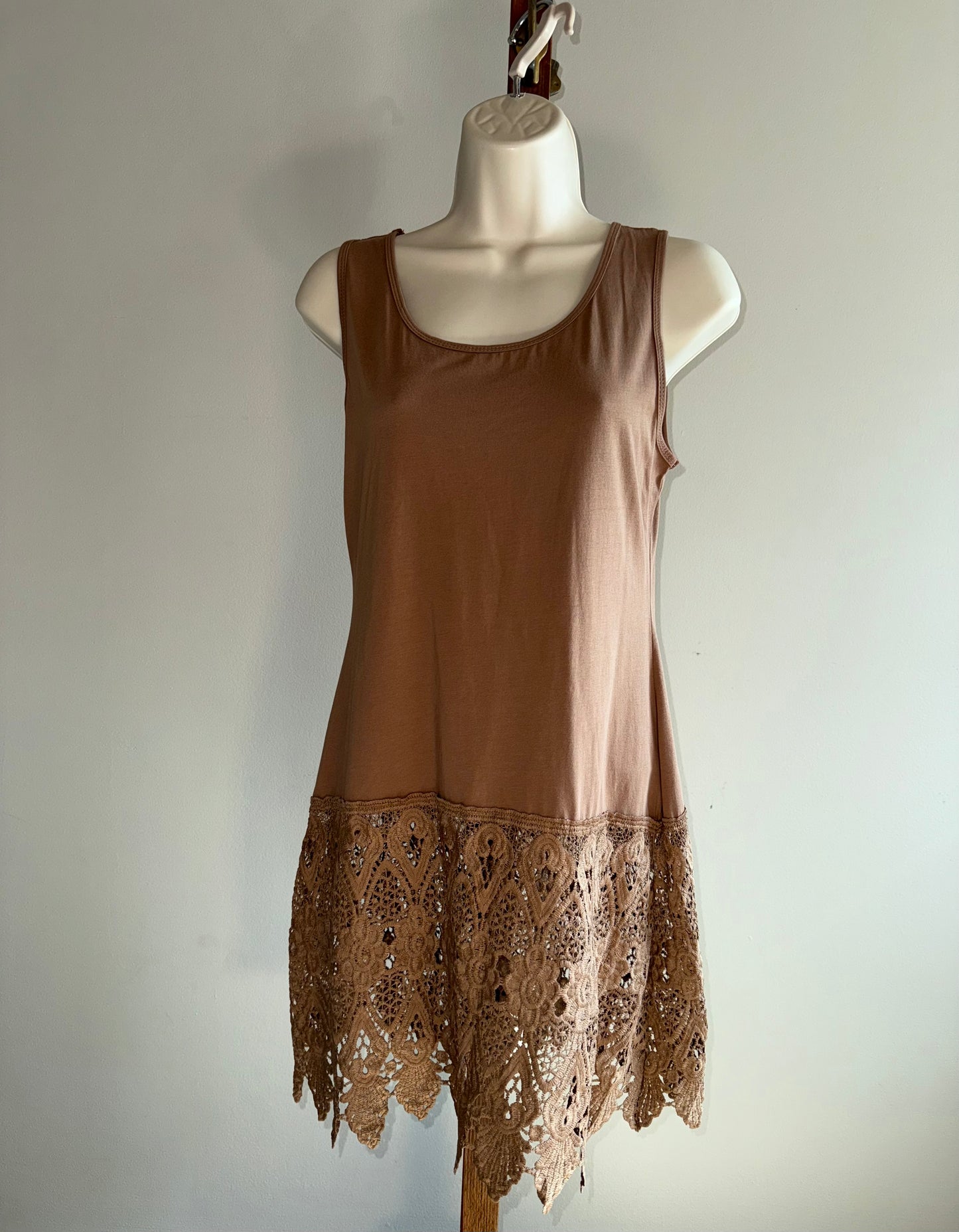 Pretty Angel (S/M) Long Brown Tank with Bottom Embroidered Hem