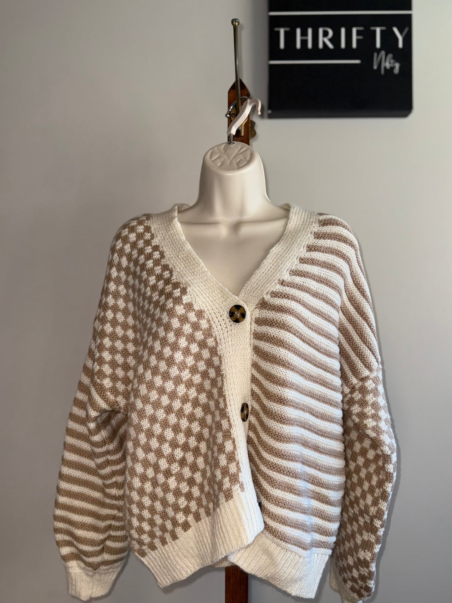 Maurices (Medium) Neutral Checkered/Striped Sweater Cardigan