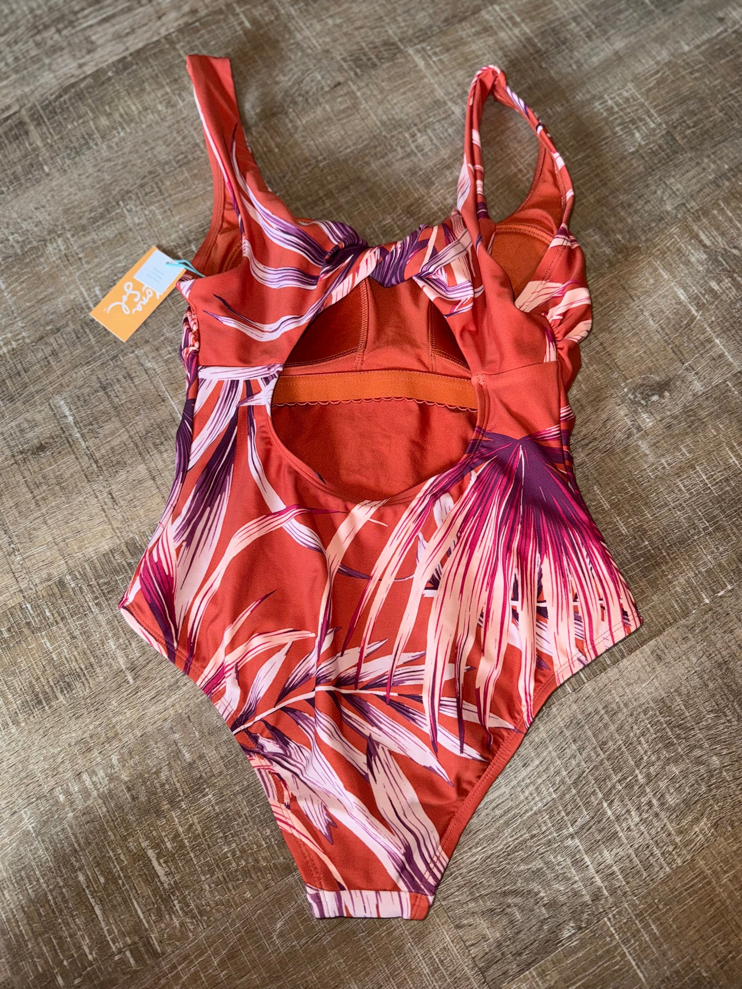 NWT Kona Sol (Small) Brand New Orange Leaf Pattern One Piece Swimsuit
