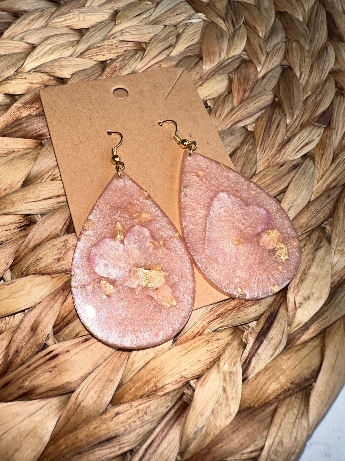 Brand New Handmade Blush Acrylic Earrings with Flower and Gold Specs