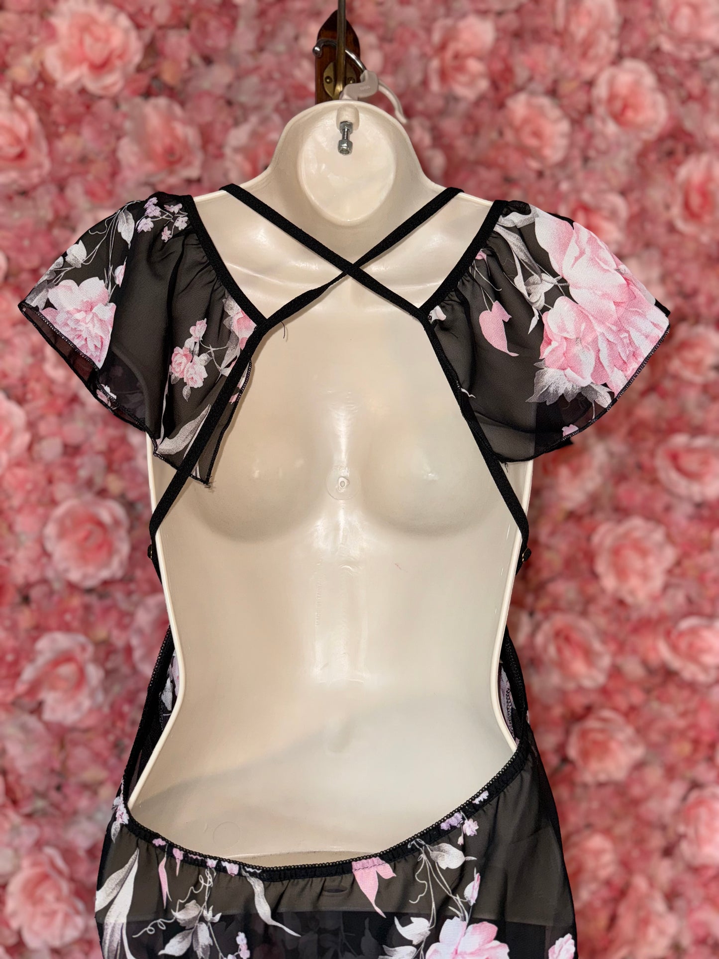 (Large) Black Floral Sheer Lightweight Lingerie Dress with Open Back