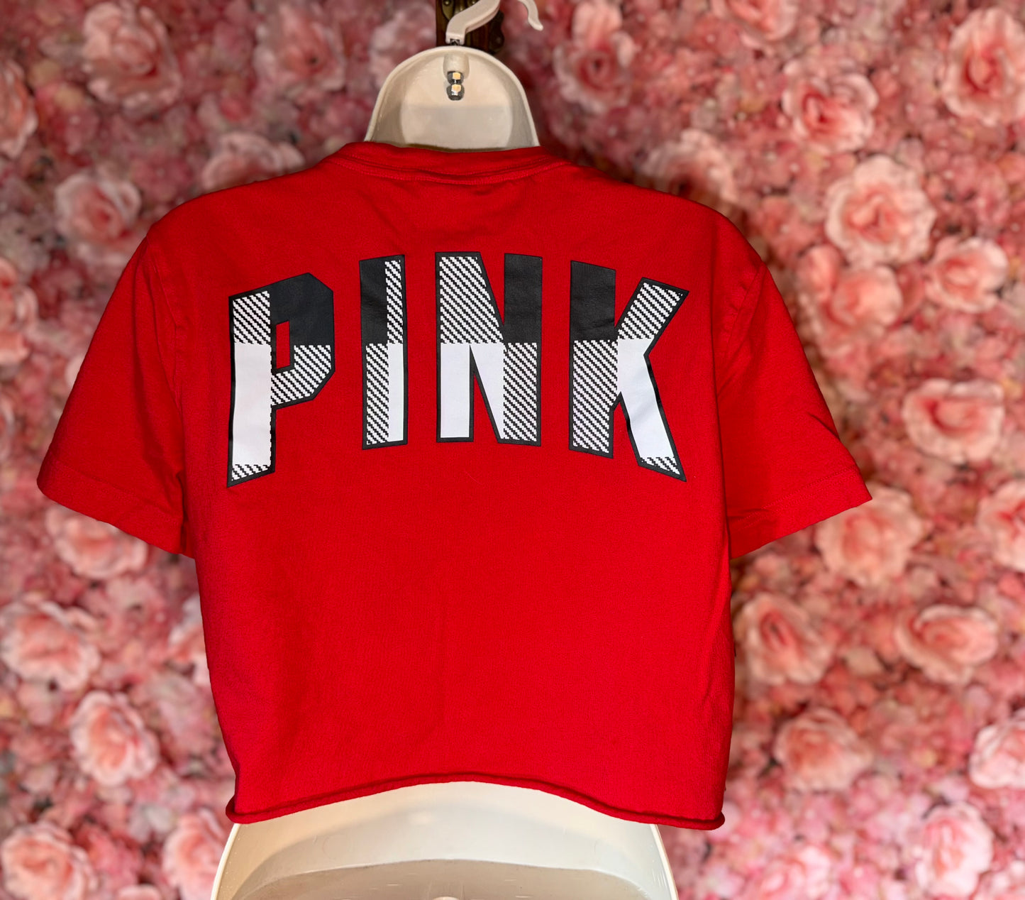 PINK Victoria's Secret (XS) Red Cropped Pocket Tee with Large Plaid Logo on Back
