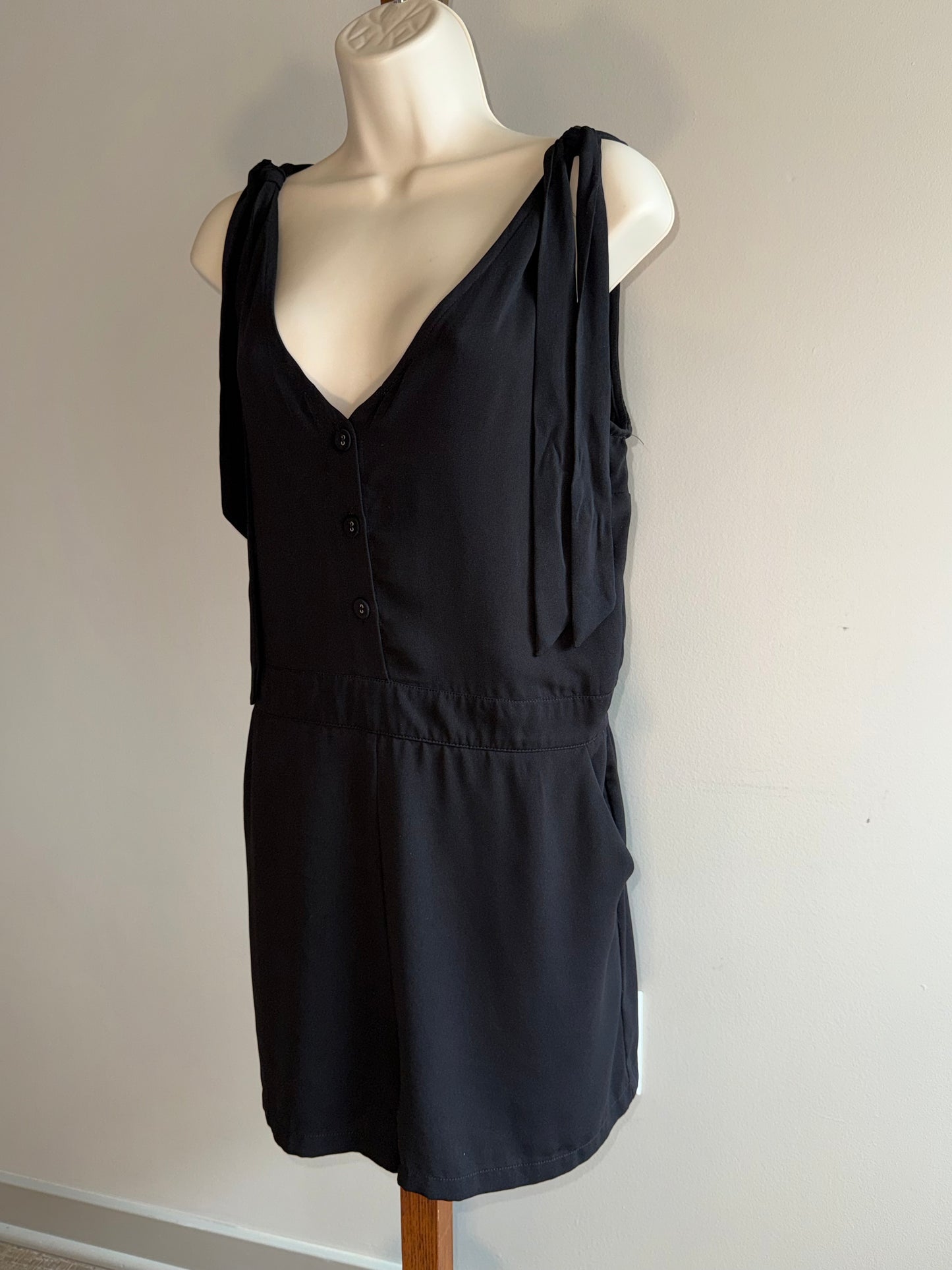 Naked Zebra (Medium) Black Button Up V-Neck Romper with Pockets