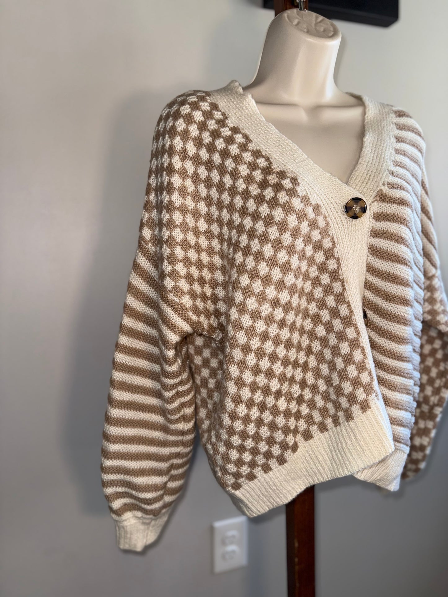 Maurices (Medium) Neutral Checkered/Striped Sweater Cardigan