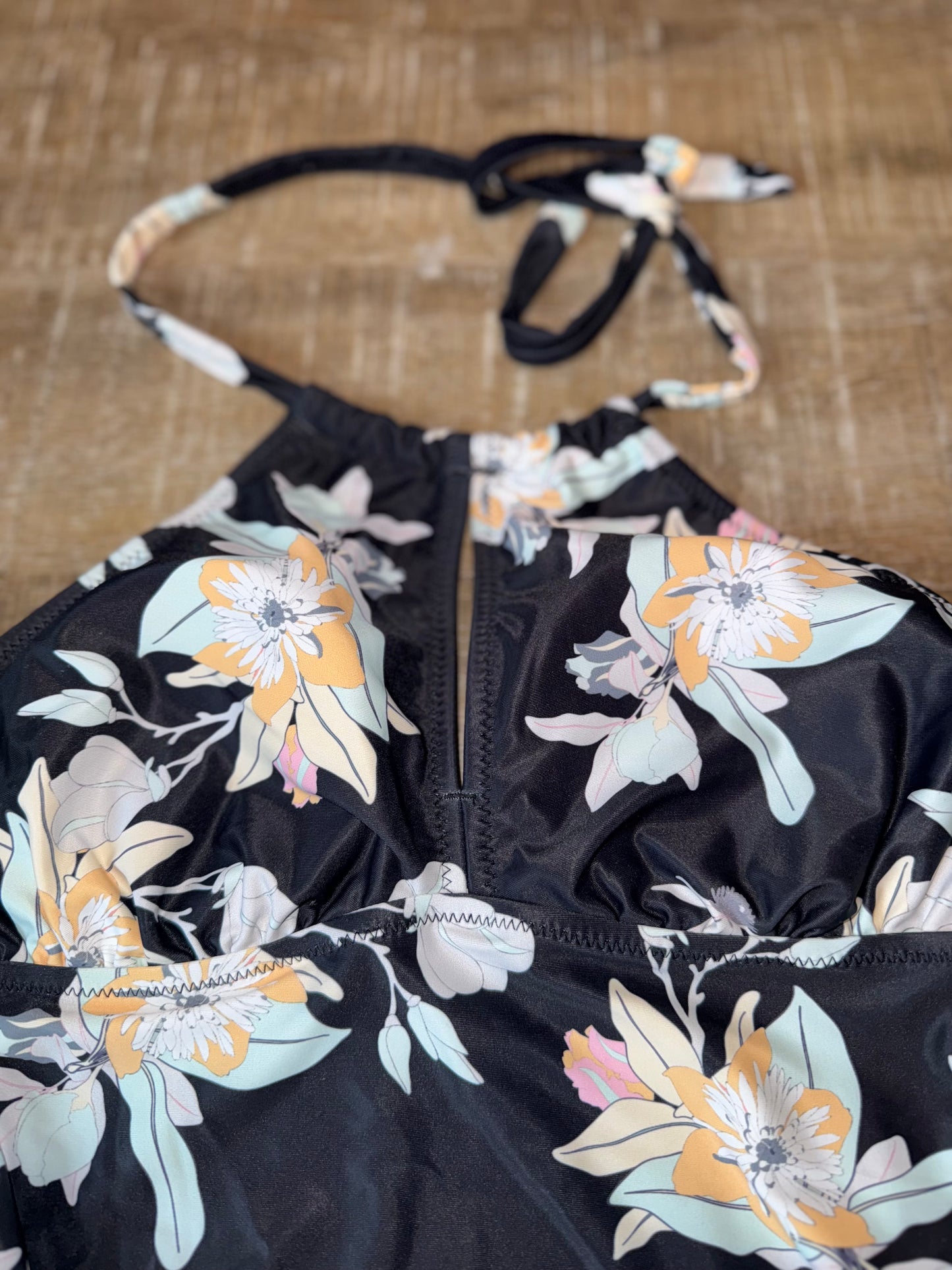 (Small) Black Tankini Swim Top with Floral Pattern & Scrunched Sides